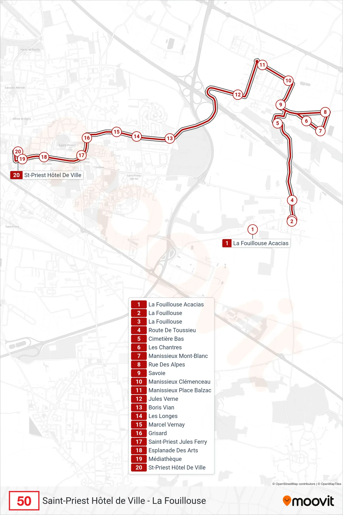 50 bus Line (St-Priest Hôtel De Ville) route and stops on a map