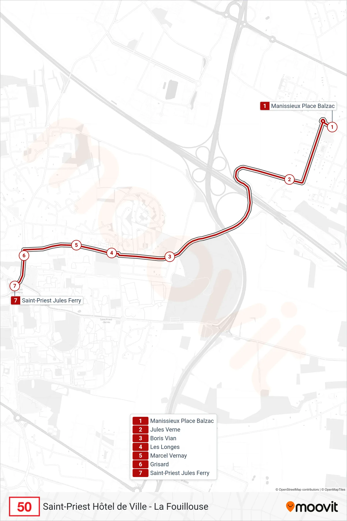 Tracé et arrêts de la ligne 50 de bus (Saint-Priest Jules Ferry) sur une carte