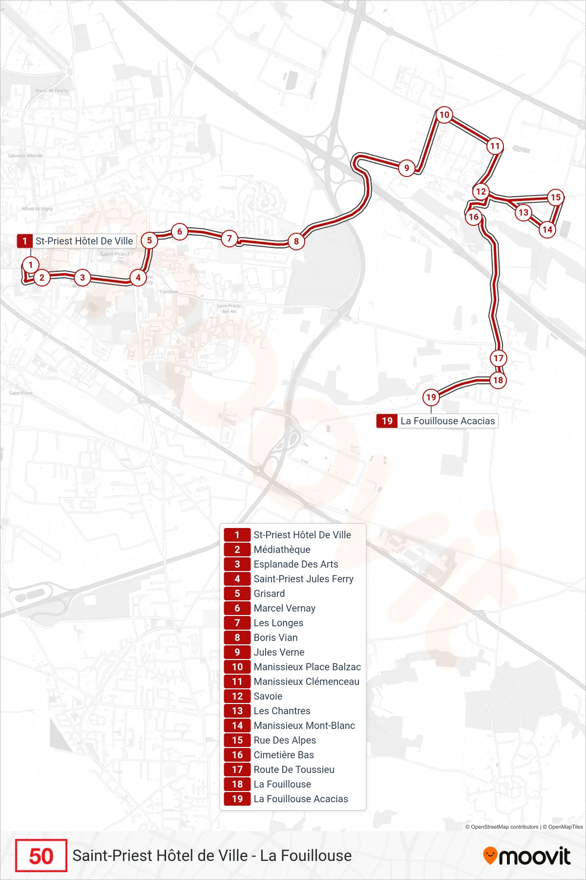 50 bus Line (La Fouillouse Acacias) route and stops on a map