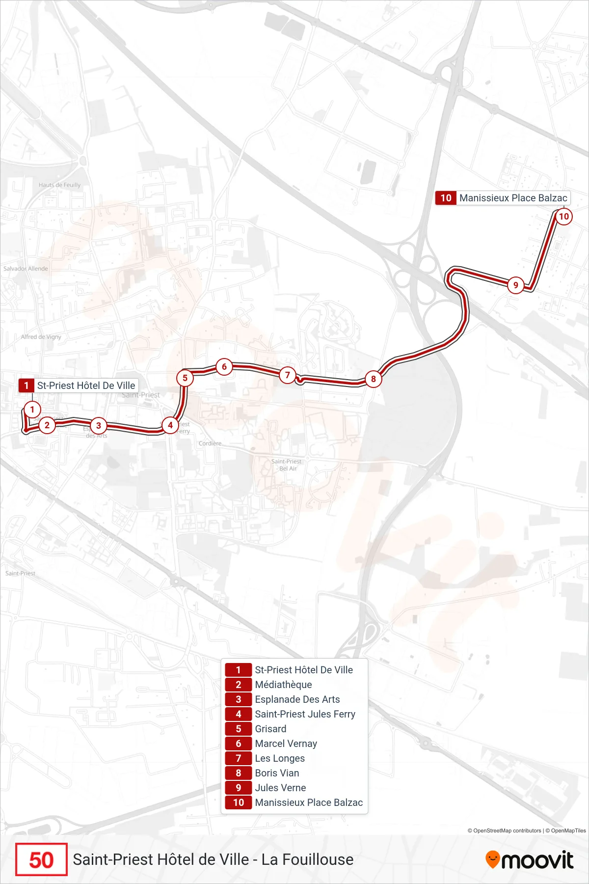 Tracé et arrêts de la ligne 50 de bus (Manissieux Place Balzac) sur une carte
