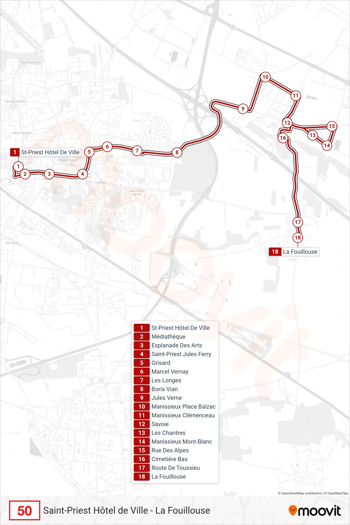 Tracé et arrêts de la ligne 50 de bus (La Fouillouse) sur une carte