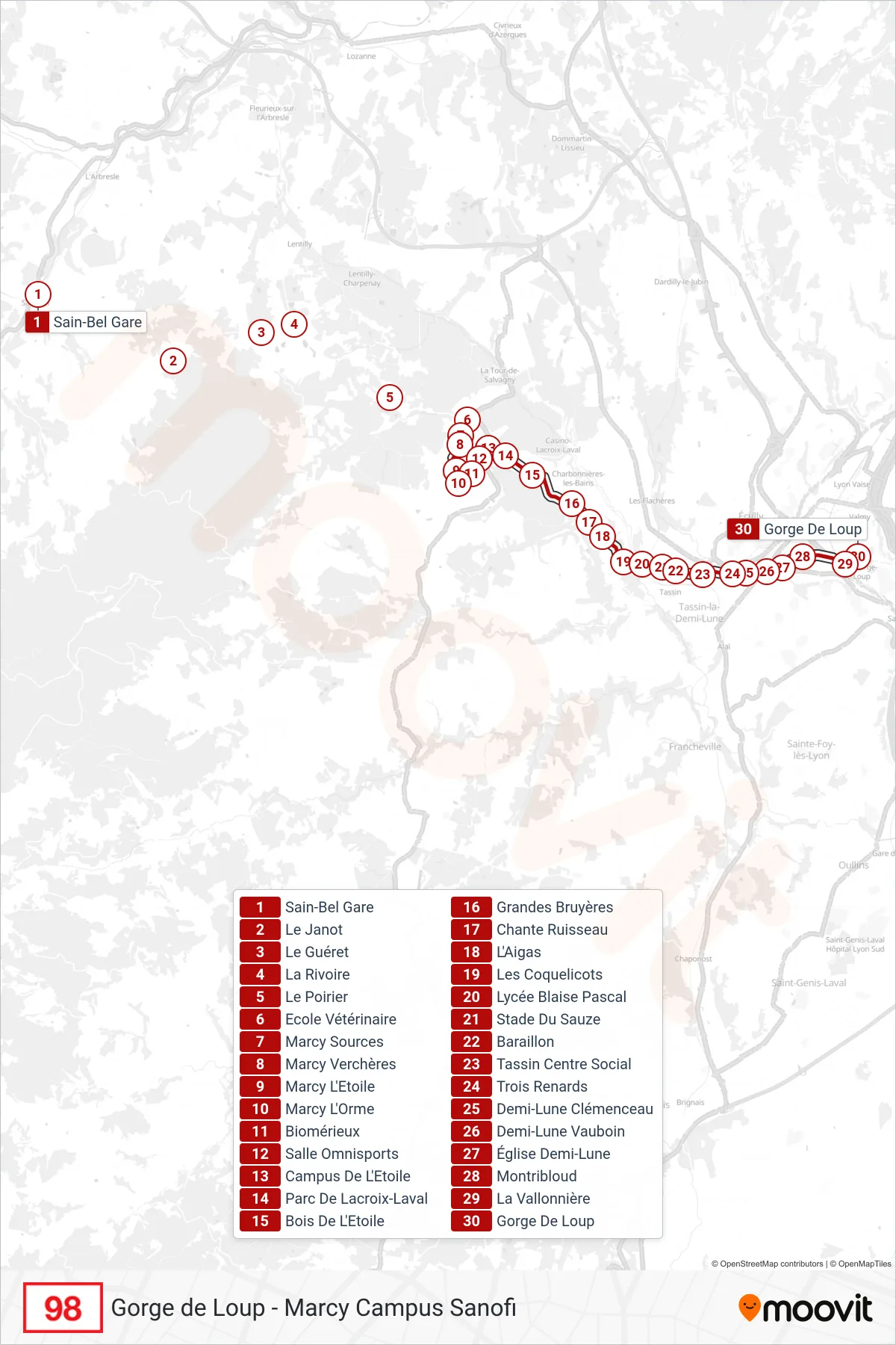 98 bus Line (Gorge De Loup) route and stops on a map