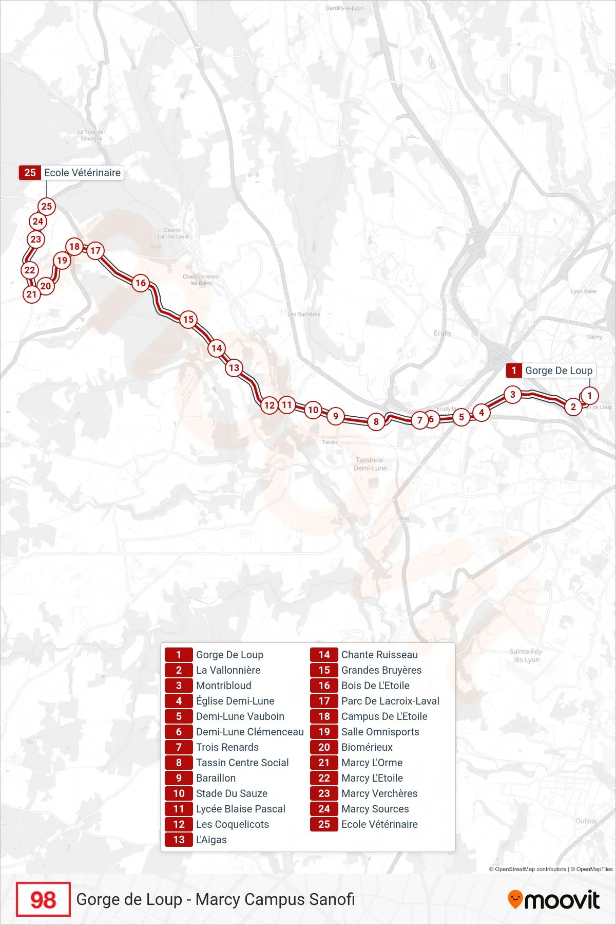 98 bus Line (Ecole Vétérinaire) route and stops on a map