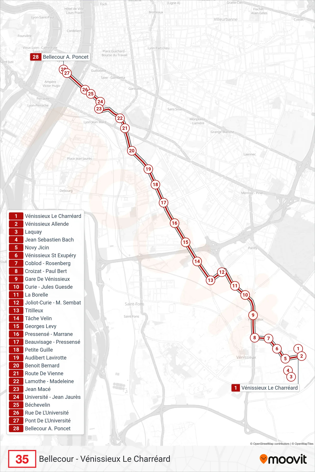 Tracé et arrêts de la ligne 35 de bus (Bellecour A. Poncet) sur une carte