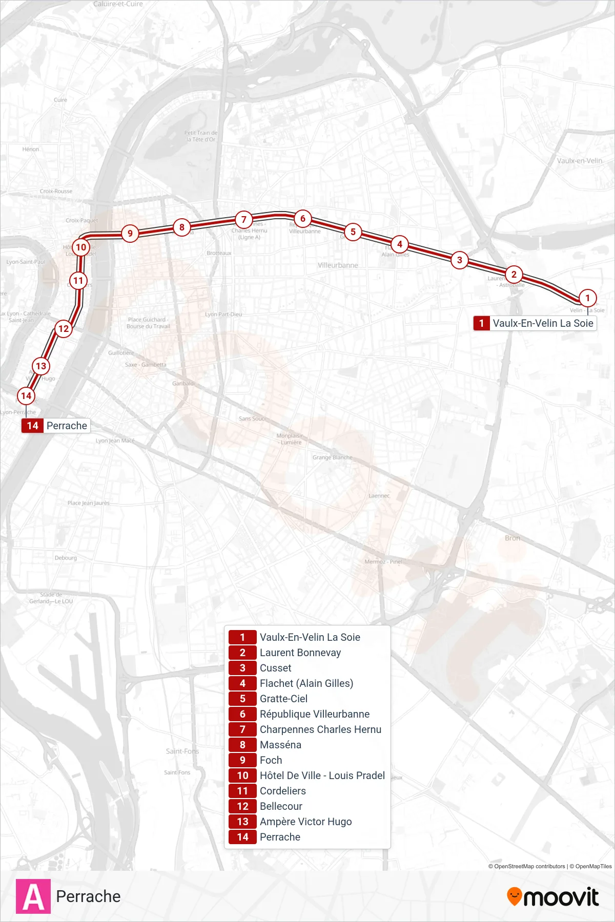 A subway Line (Perrache) route and stops on a map