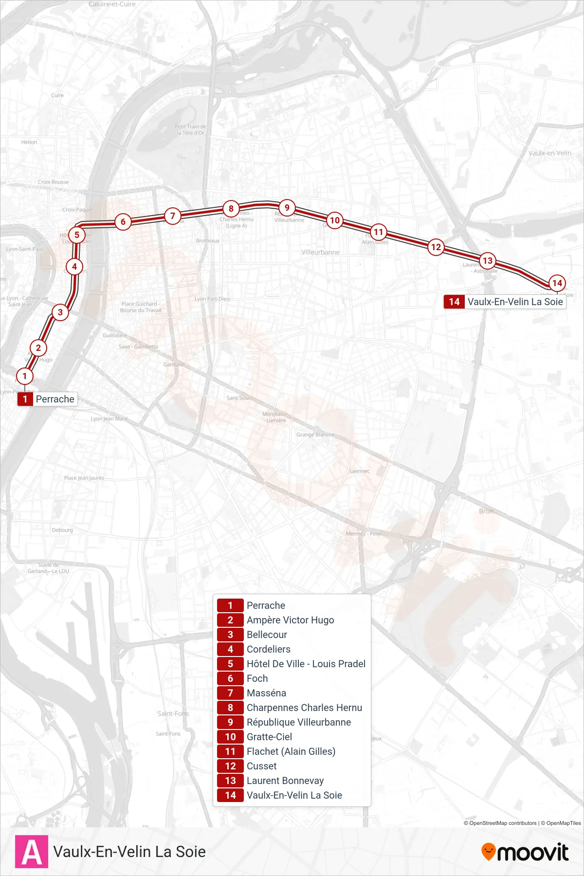 Tracé et arrêts de la ligne A de métro (Vaulx-En-Velin La Soie) sur une carte