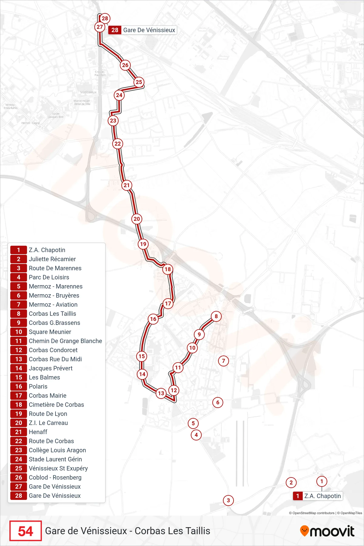54 bus Line (Gare De Vénissieux) route and stops on a map