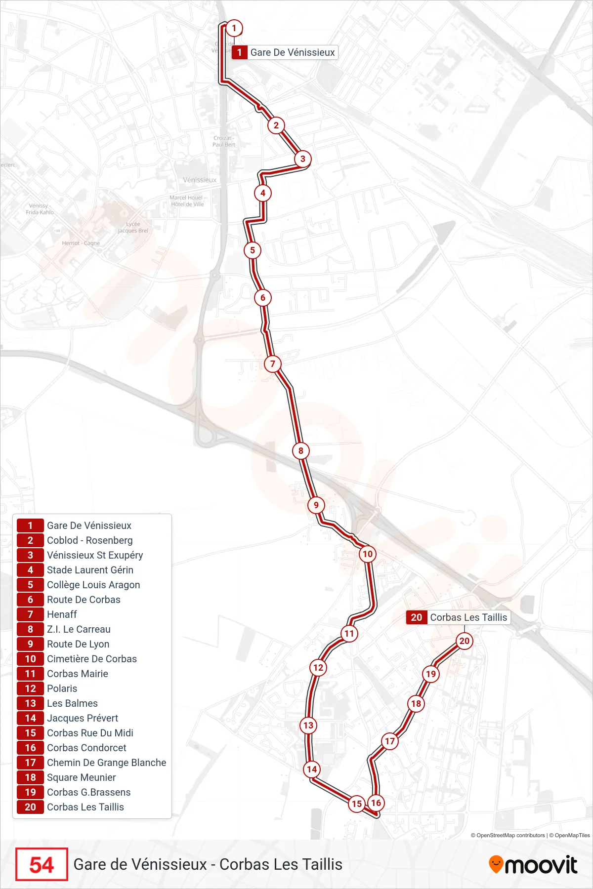 Tracé et arrêts de la ligne 54 de bus (Corbas Les Taillis) sur une carte