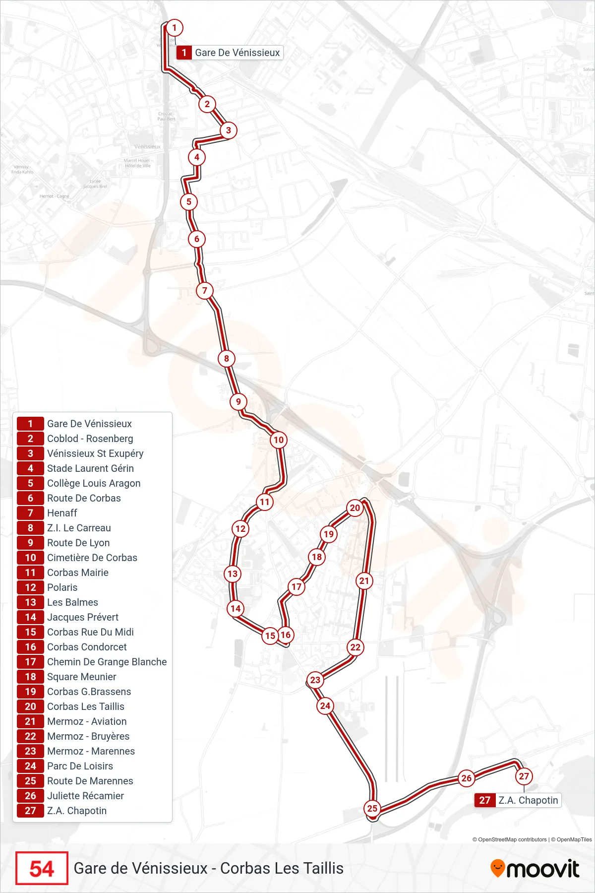 54 bus Line (Z.A. Chapotin) route and stops on a map