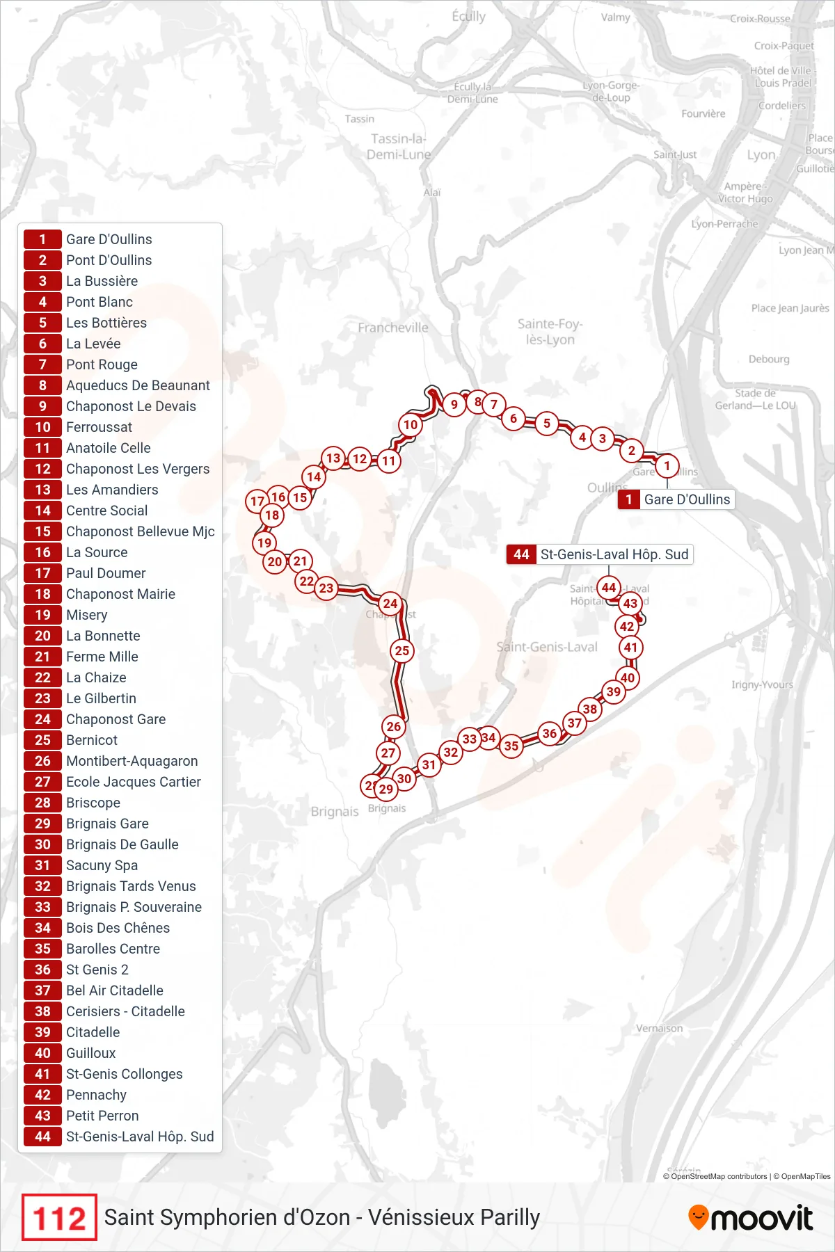 112 bus Line (St-Genis-Laval Hôp. Sud) route and stops on a map