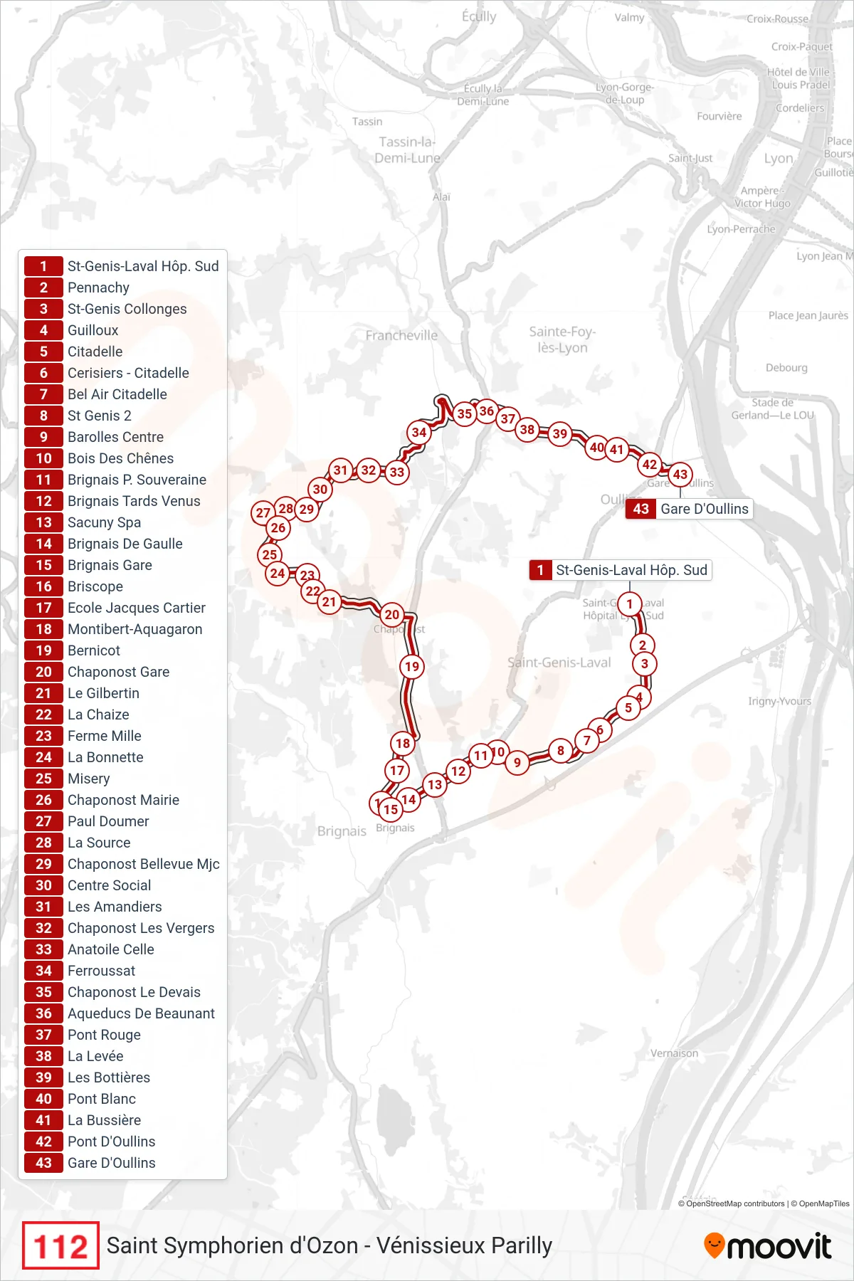 Tracé et arrêts de la ligne 112 de bus (Gare D'Oullins) sur une carte