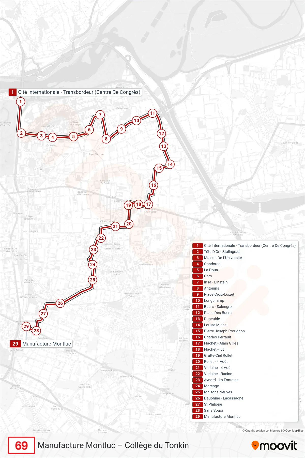 69 bus Line (Manufacture Montluc) route and stops on a map