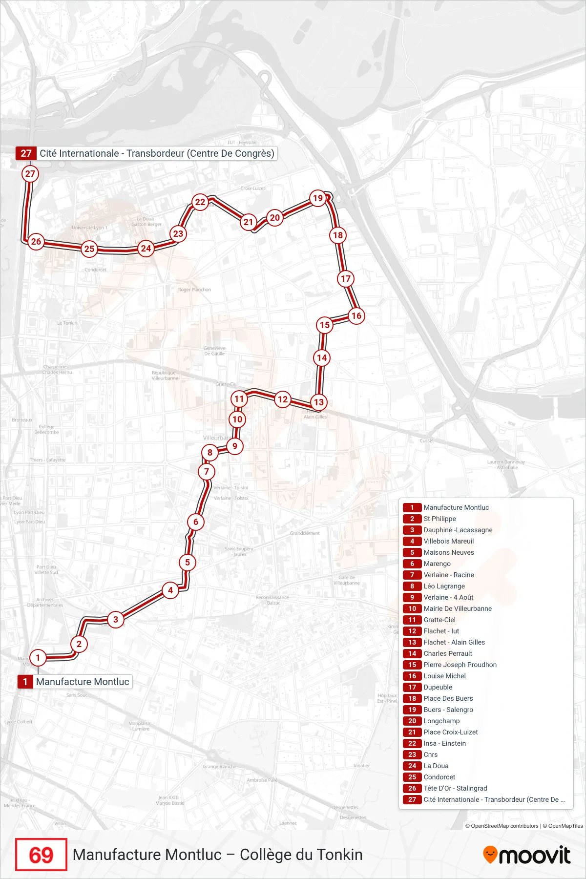 Tracé et arrêts de la ligne 69 de bus (Cité Inter Transbordeur) sur une carte