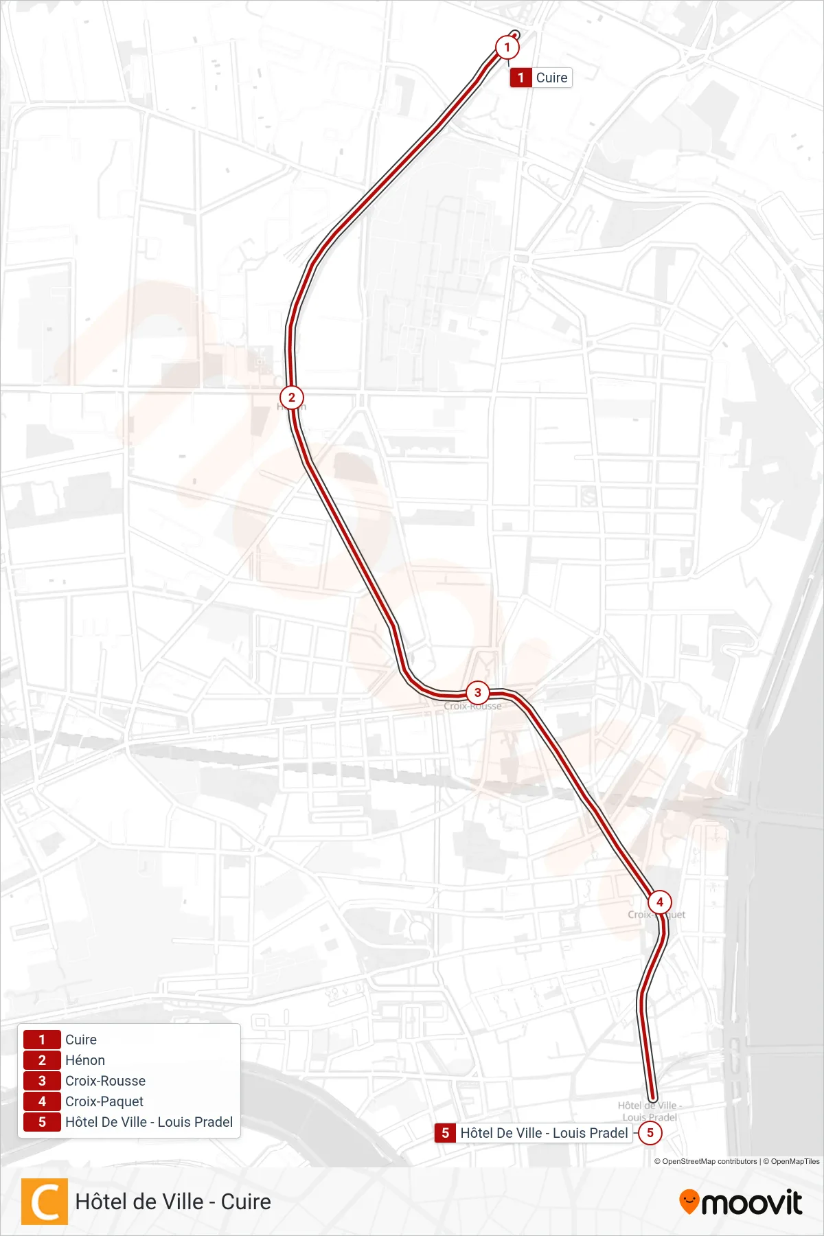 Tracé et arrêts de la ligne C de métro (Hôtel De Ville L. Pradel) sur une carte