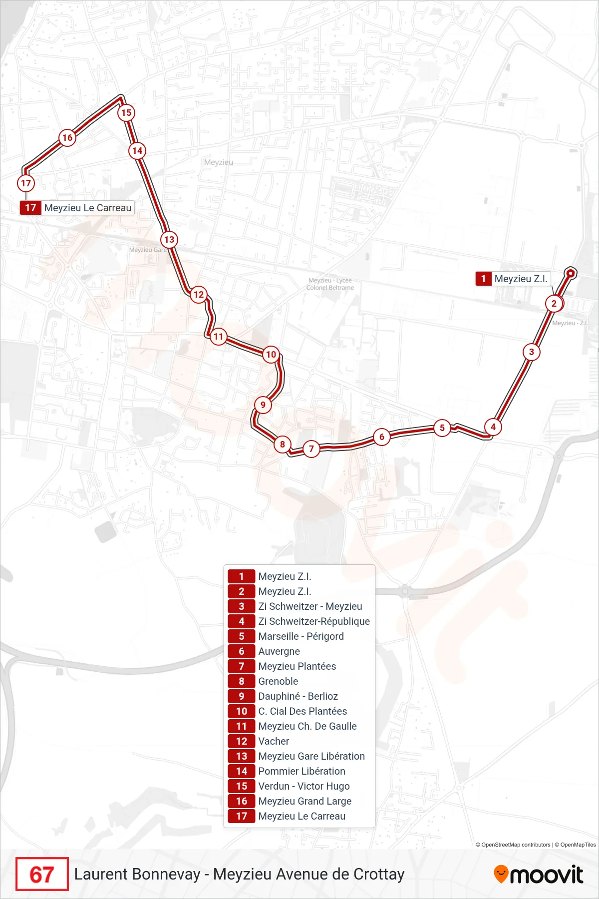 Tracé et arrêts de la ligne 67 de bus (Meyzieu Le Carreau) sur une carte