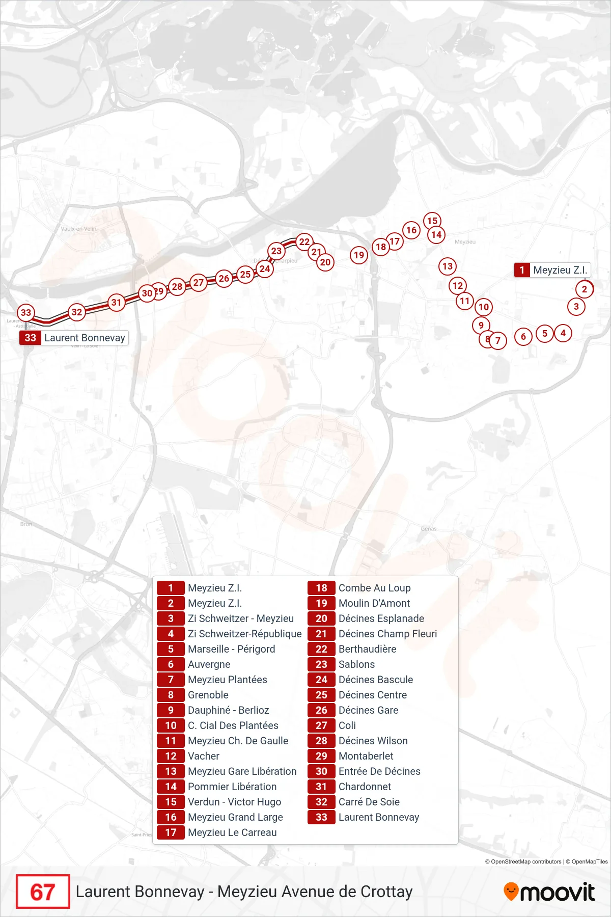 67 bus Line (Laurent Bonnevay) route and stops on a map