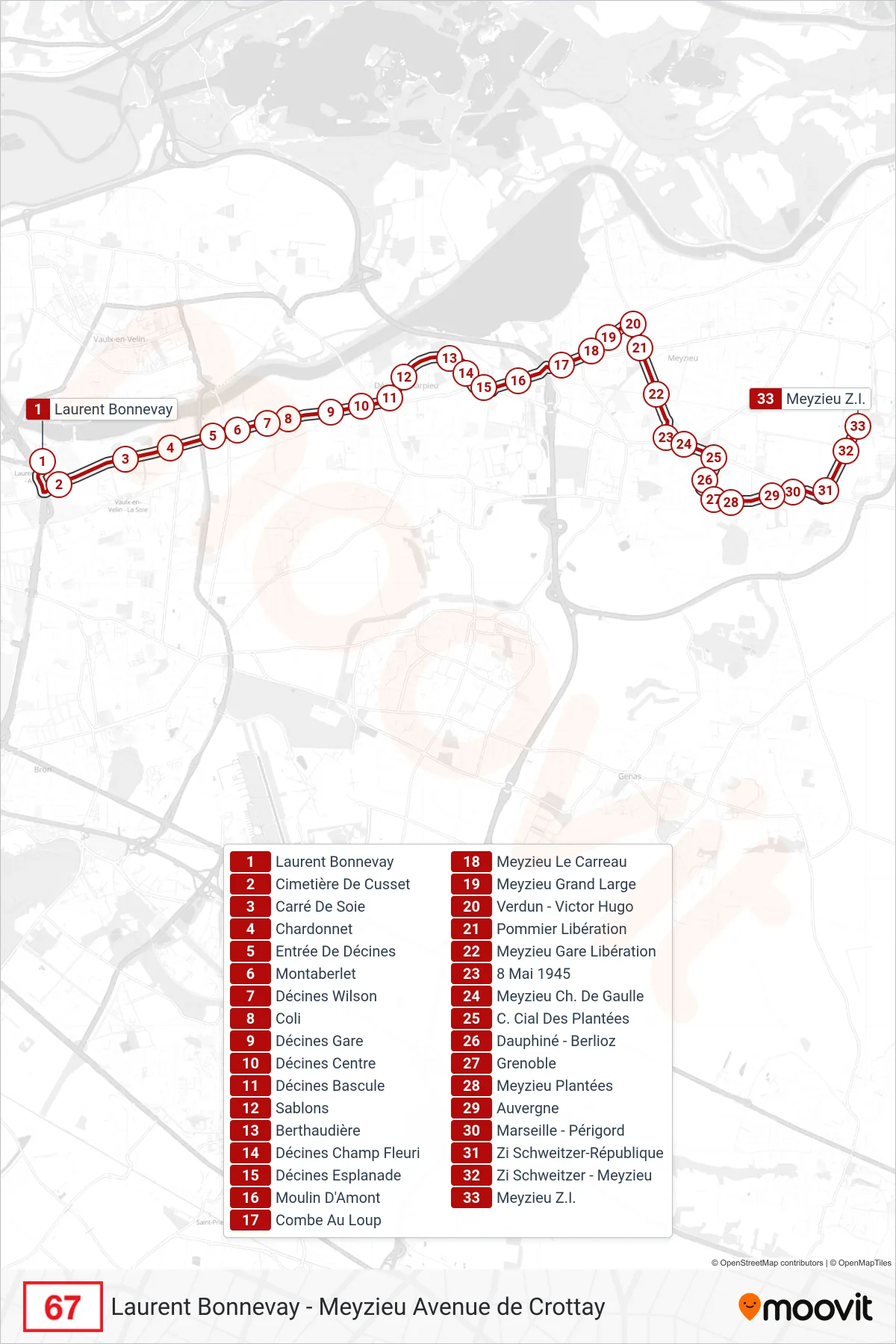 Tracé et arrêts de la ligne 67 de bus (Meyzieu Z.I.) sur une carte