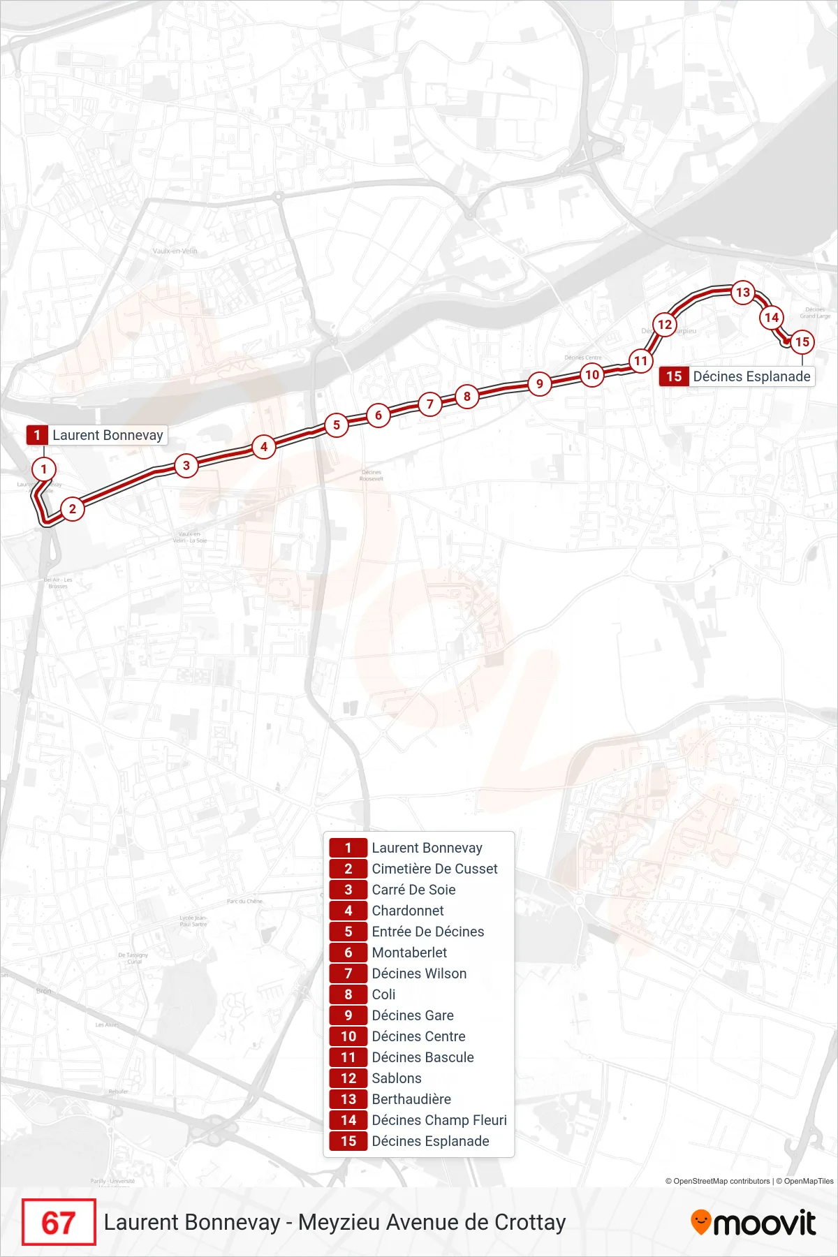 67 bus Line (Décines Esplanade) route and stops on a map