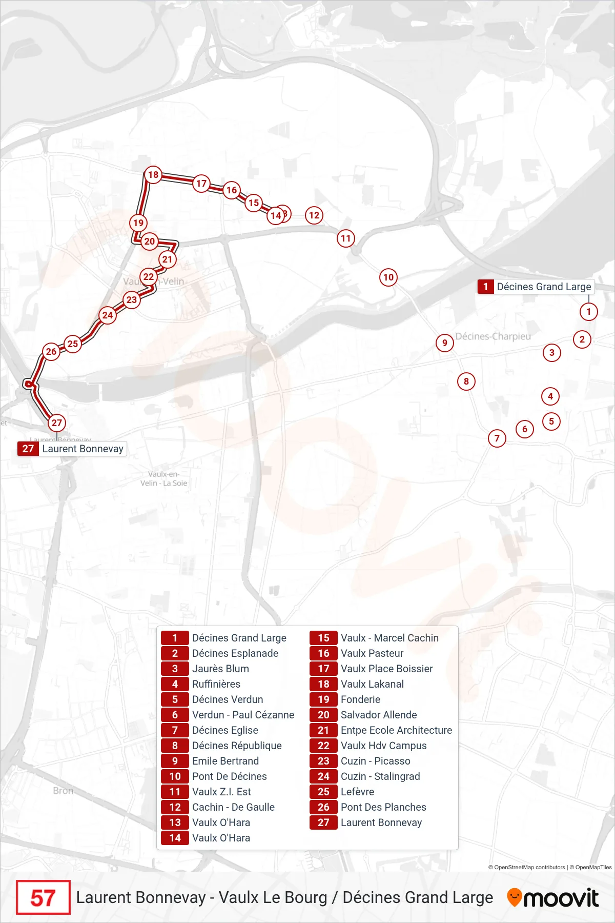 57 bus Line (Laurent Bonnevay) route and stops on a map