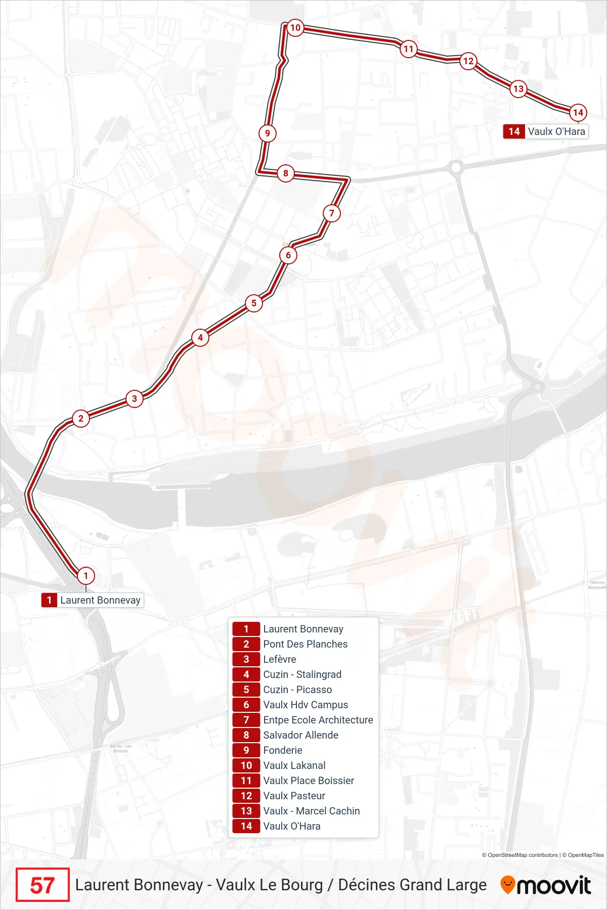 Tracé et arrêts de la ligne 57 de bus (Vaulx O'Hara) sur une carte