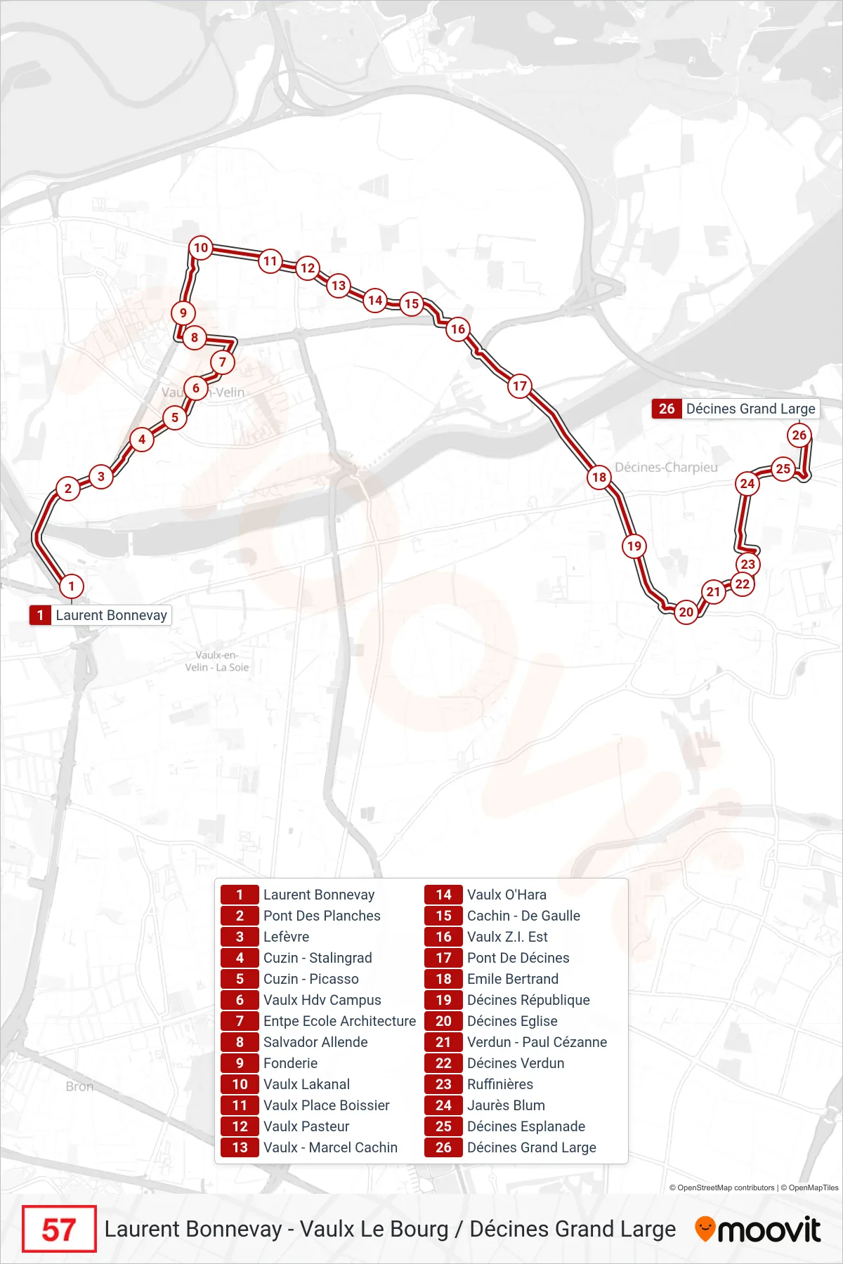 57 bus Line (Décines Grand Large) route and stops on a map