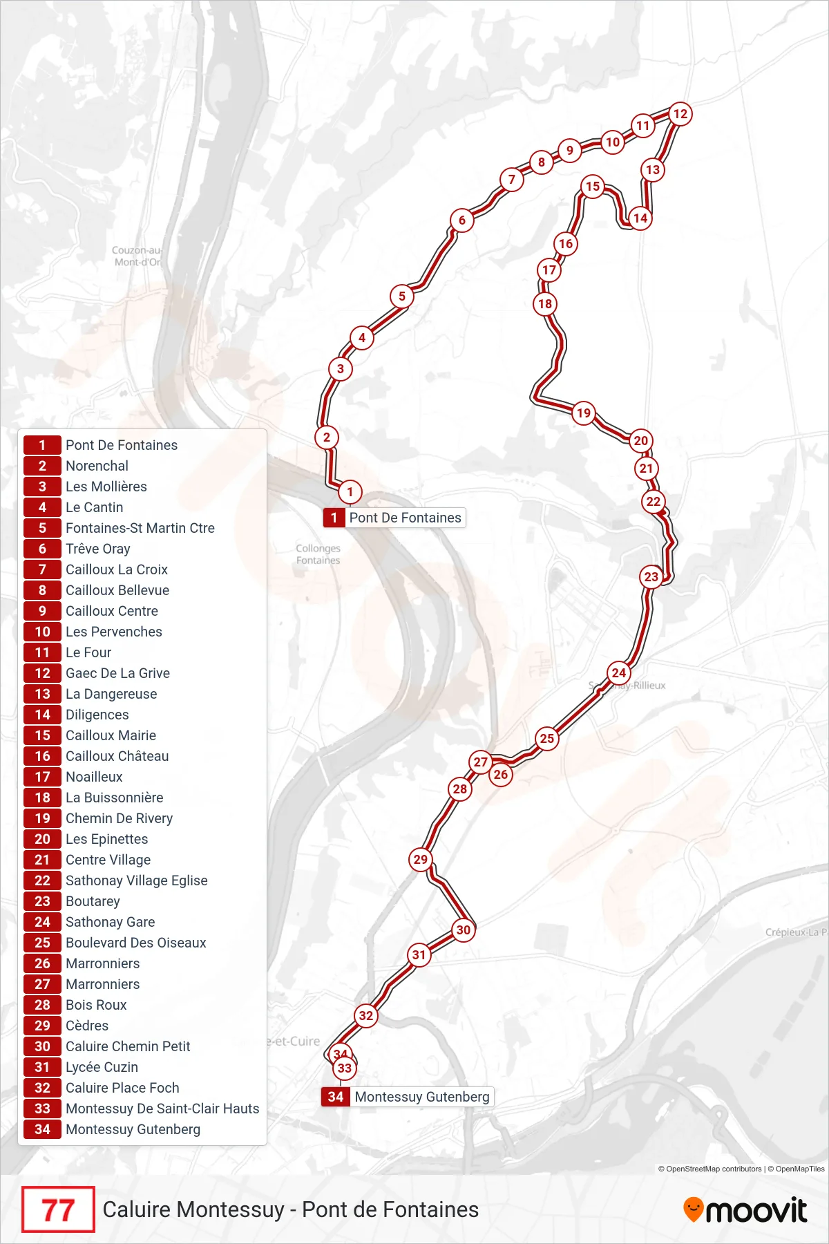Tracé et arrêts de la ligne 77 de bus (Montessuy Gutenberg) sur une carte