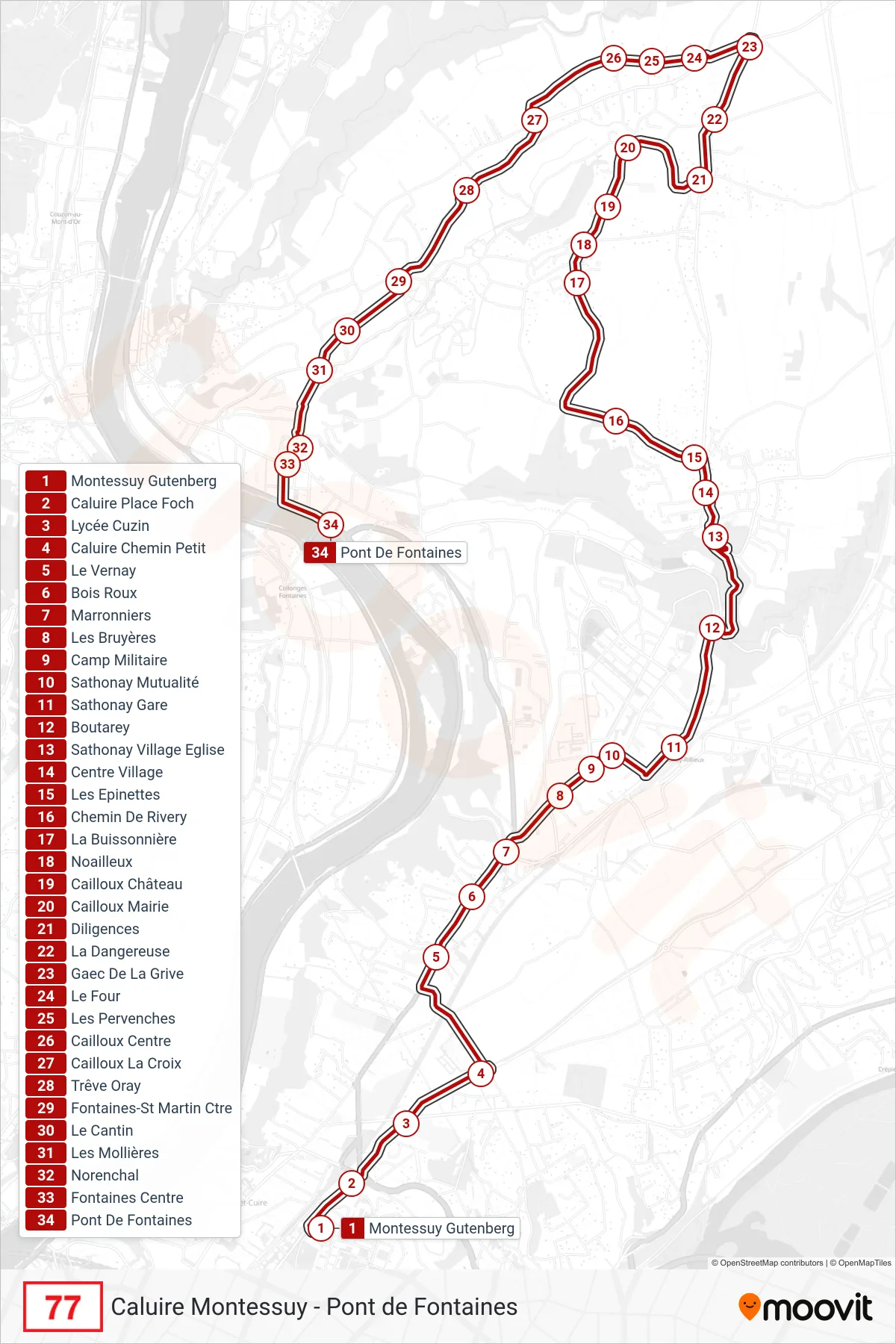 Tracé et arrêts de la ligne 77 de bus (Pont De Fontaines) sur une carte
