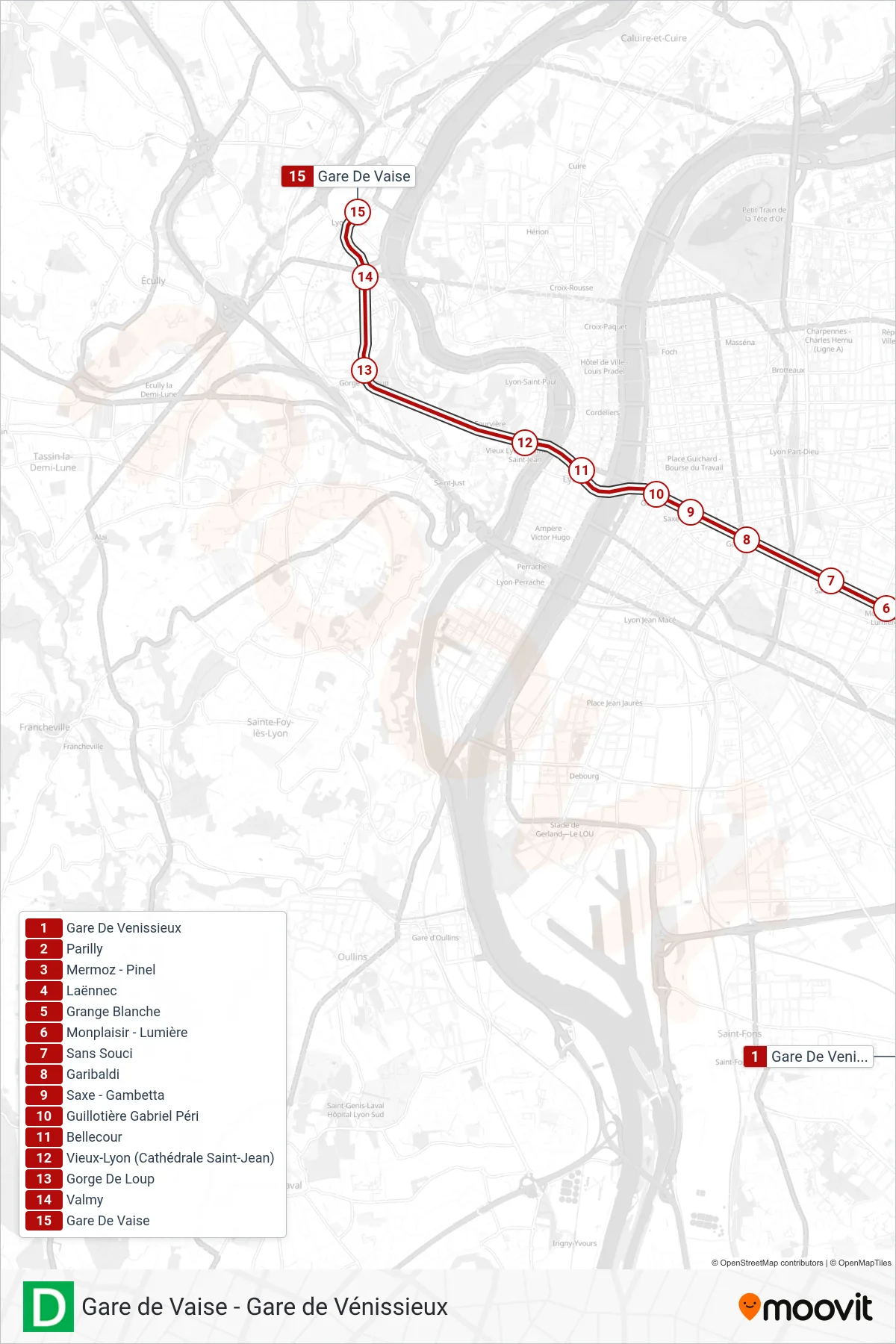 Tracé et arrêts de la ligne D de métro (Gare De Vaise-G.Collomb) sur une carte