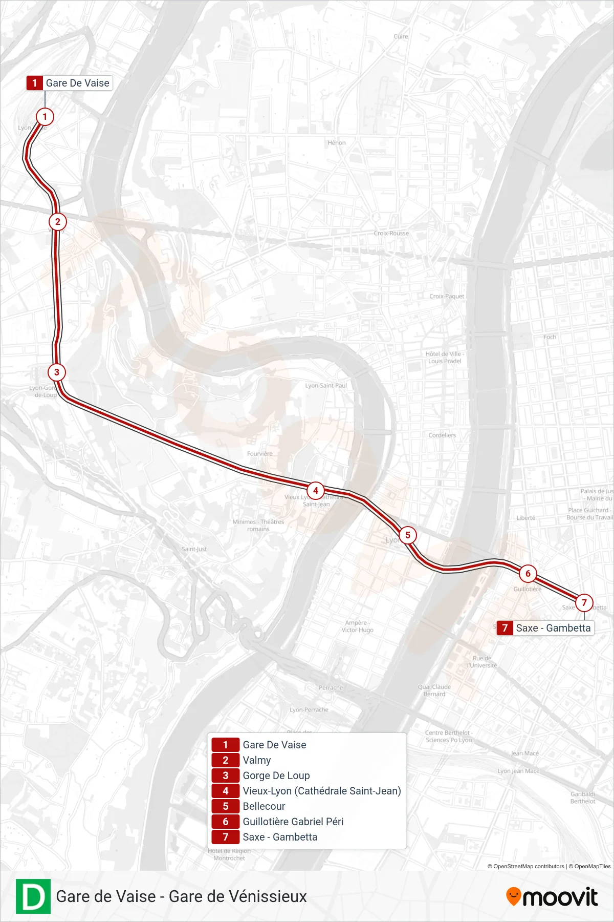 Tracé et arrêts de la ligne D de métro (Saxe - Gambetta) sur une carte