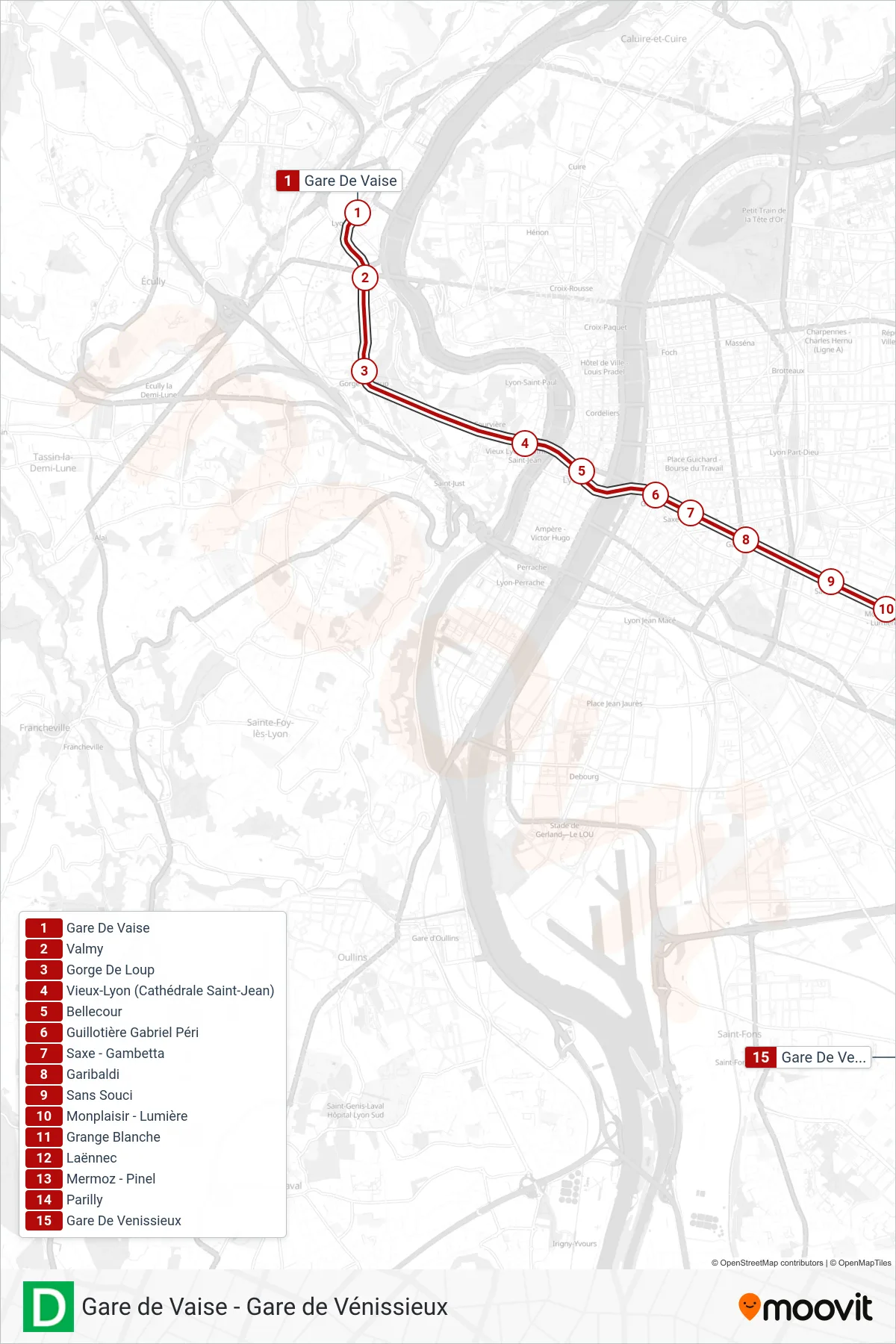 D subway Line (Gare De Vénissieux) route and stops on a map