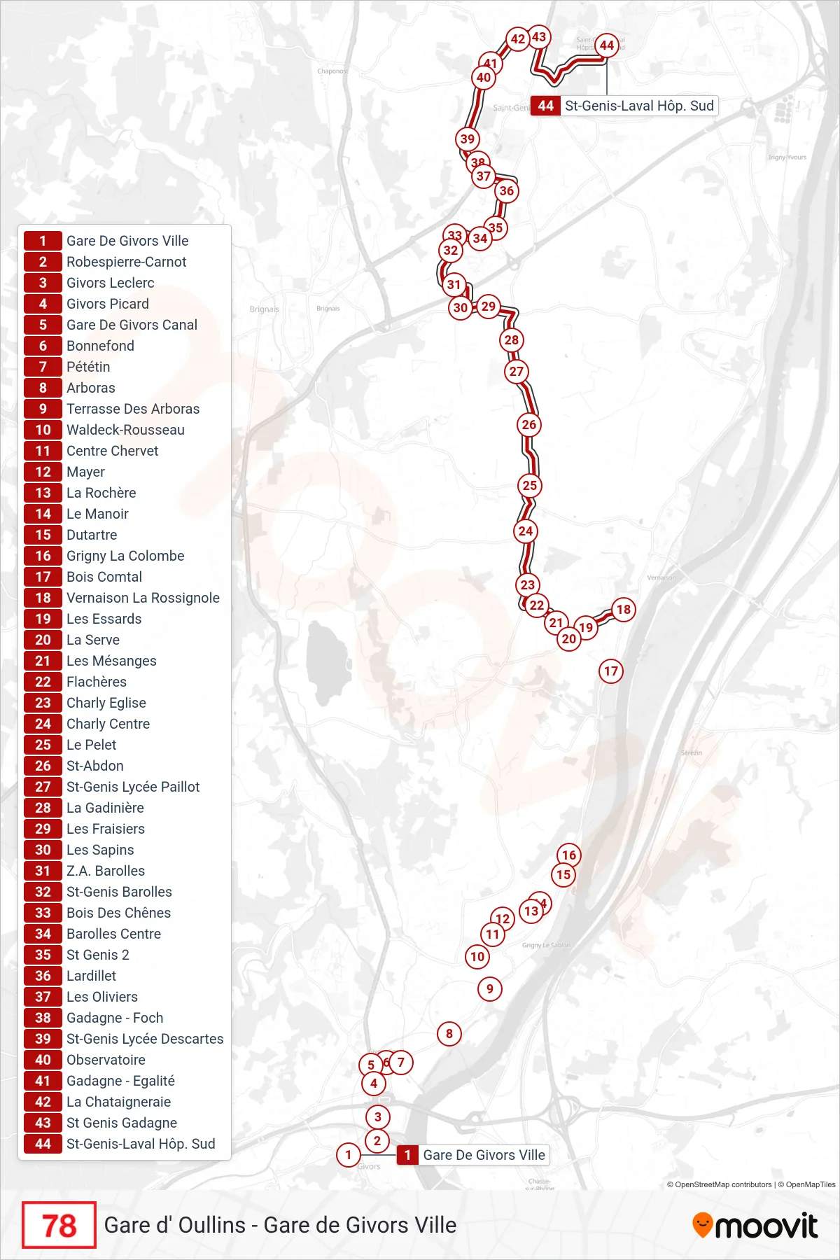 78 bus Line (St-Genis-Laval Hôp. Sud) route and stops on a map