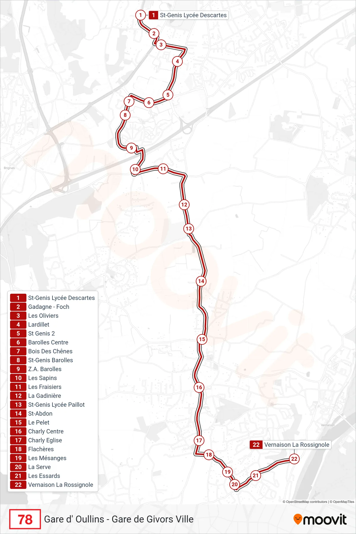 Tracé et arrêts de la ligne 78 de bus (Vernaison La Rossignole) sur une carte