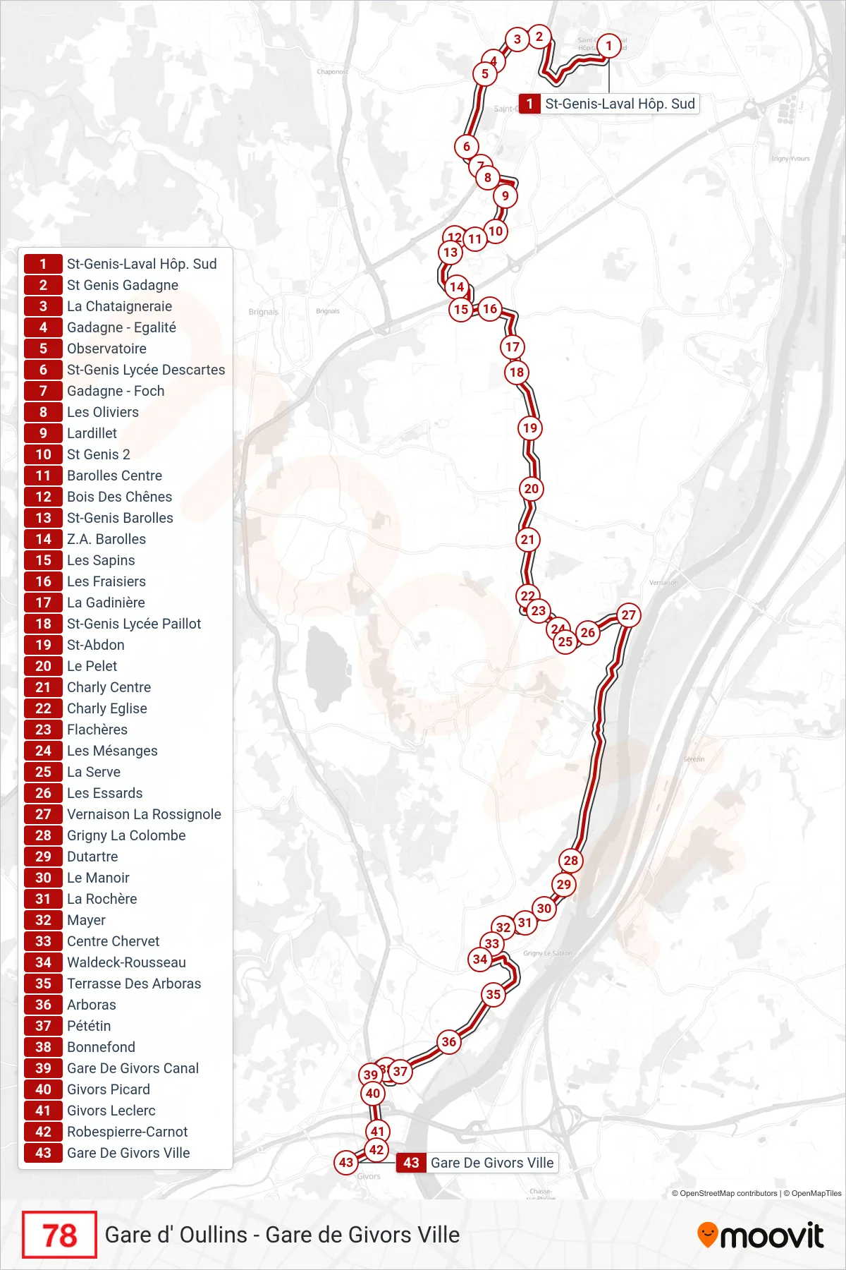 78 bus Line (Gare De Givors Ville) route and stops on a map