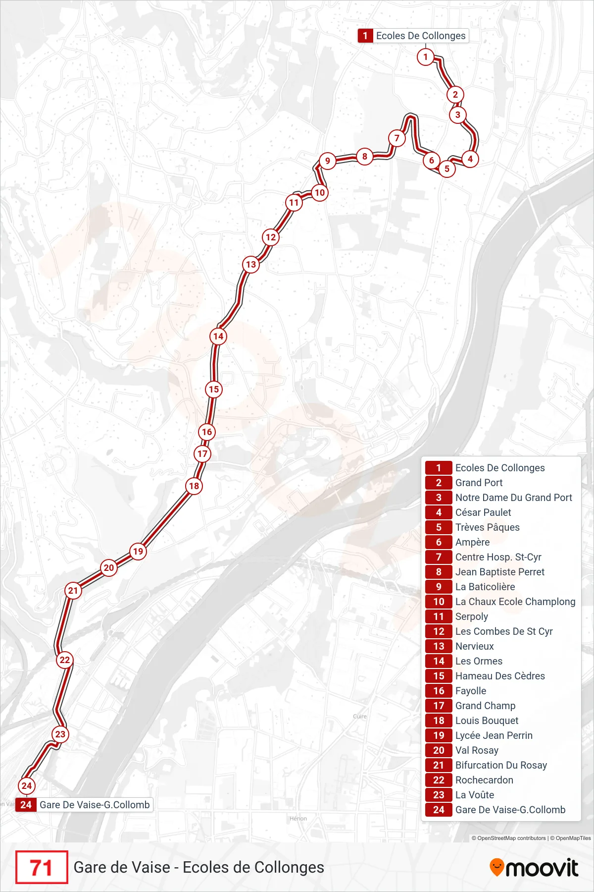 71 bus Line (Gare De Vaise-G.Collomb) route and stops on a map