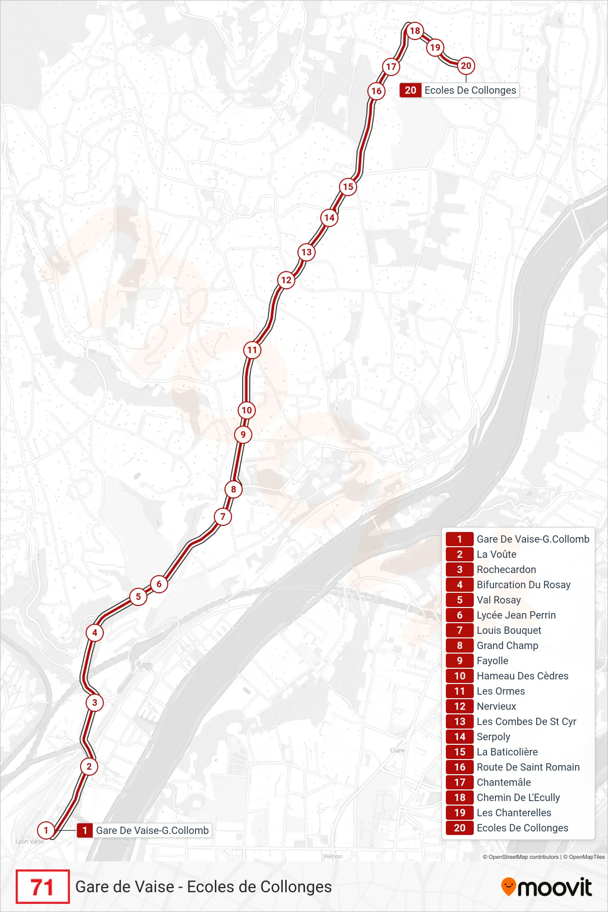 Tracé et arrêts de la ligne 71 de bus (Ecoles De Collonges) sur une carte