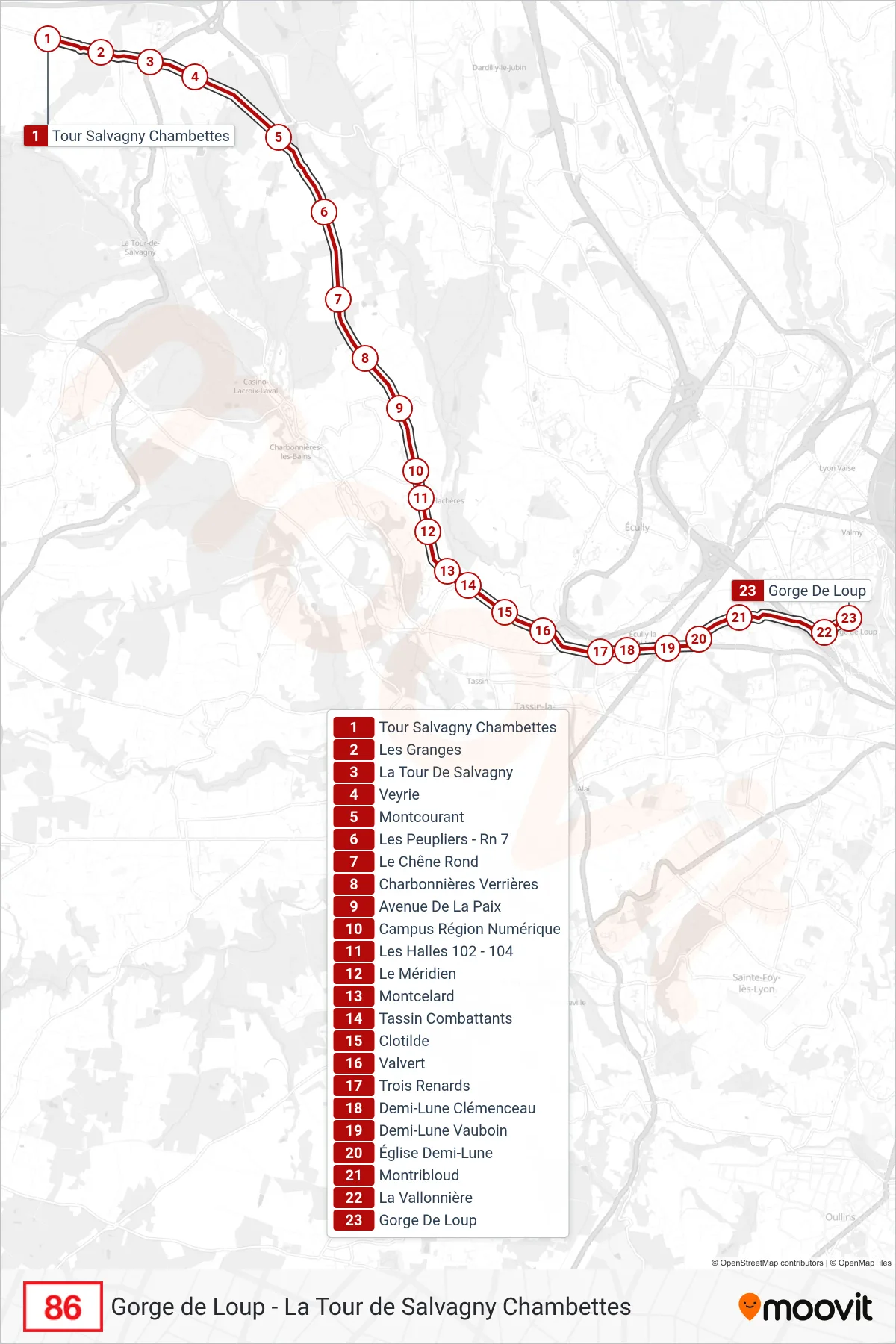 Tracé et arrêts de la ligne 86 de bus (Gorge De Loup) sur une carte