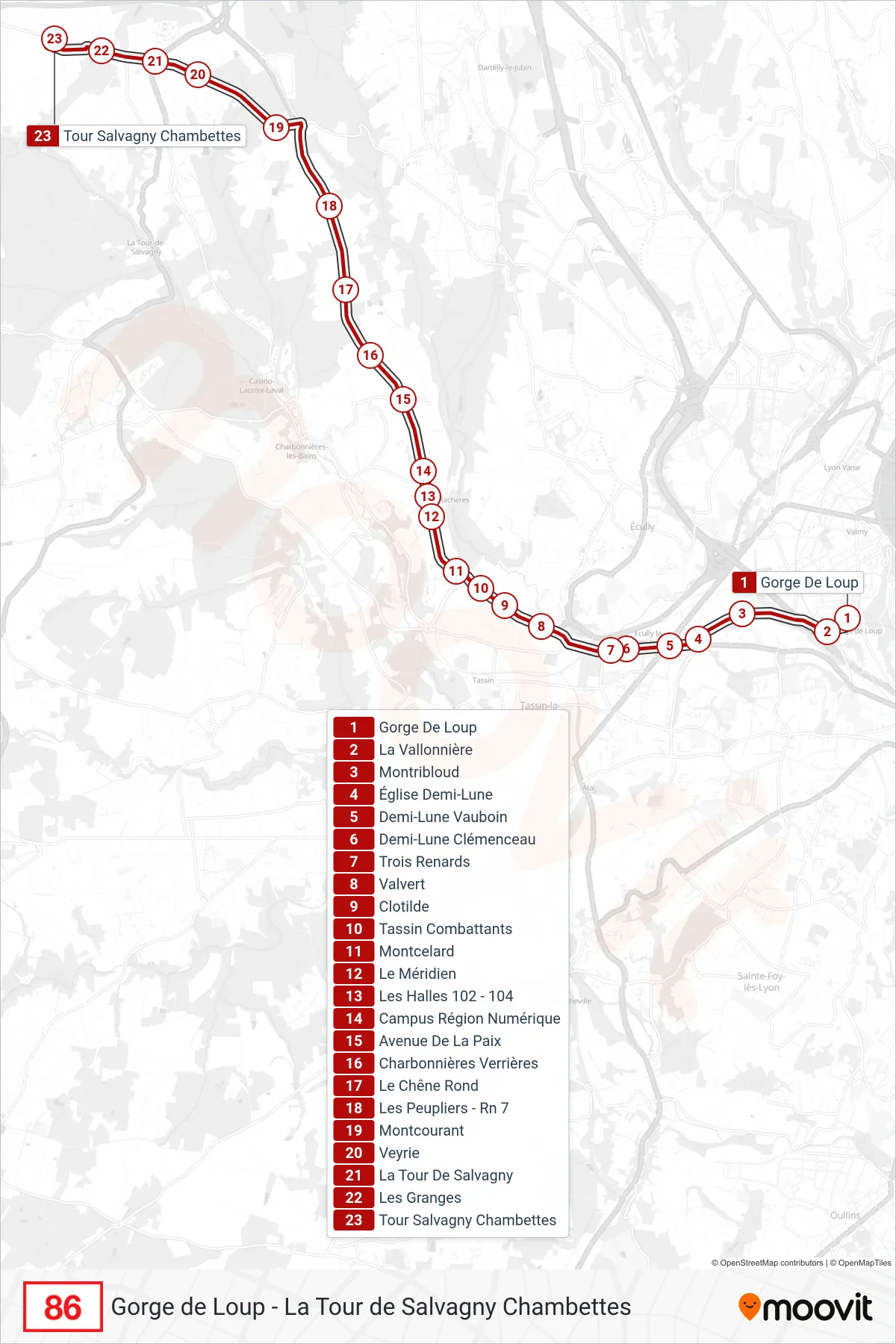 Tracé et arrêts de la ligne 86 de bus (Tour Salvagny Chambettes) sur une carte