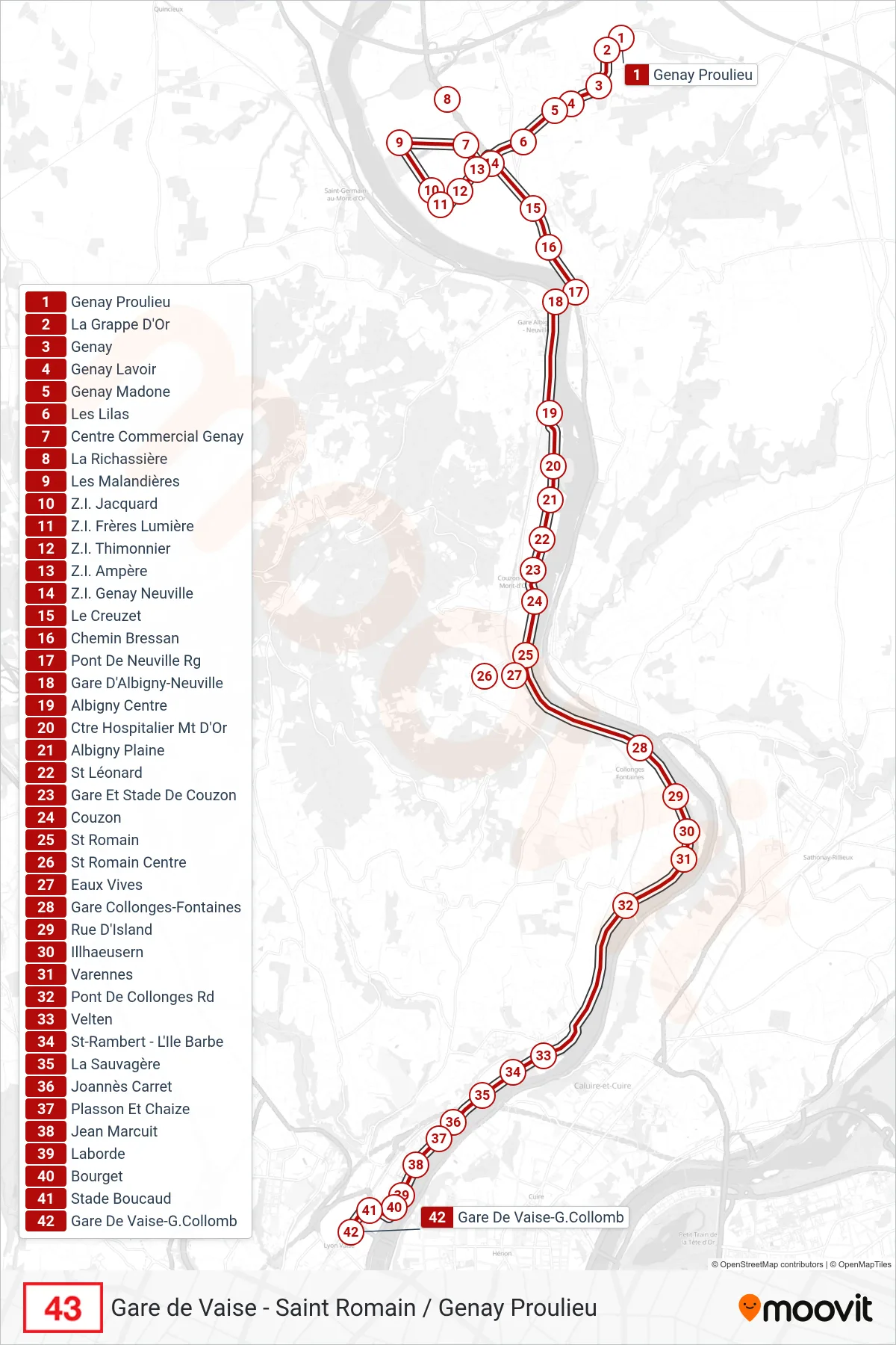 43 bus Line (Gare De Vaise-G.Collomb) route and stops on a map