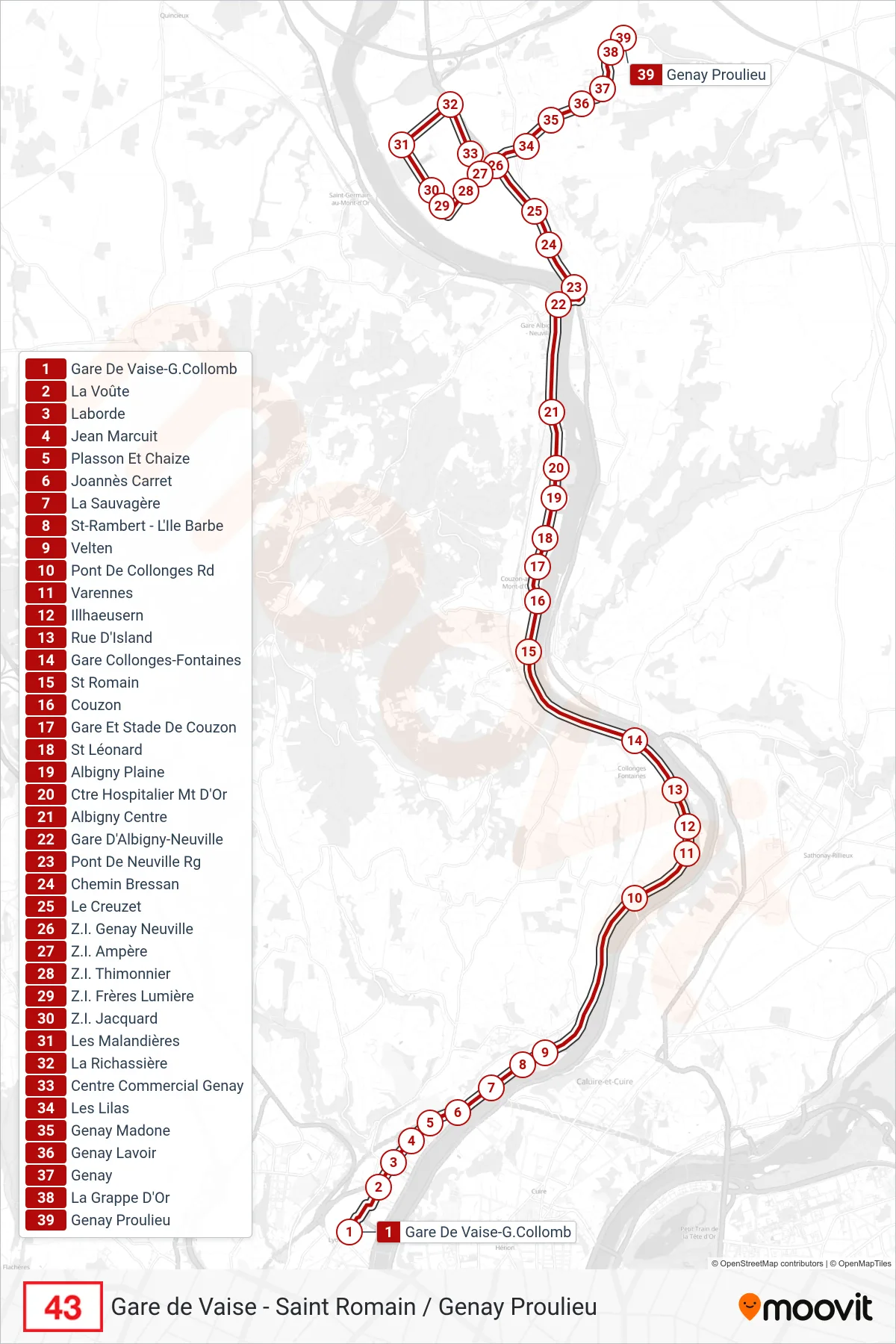 43 bus Line (Genay Proulieu) route and stops on a map