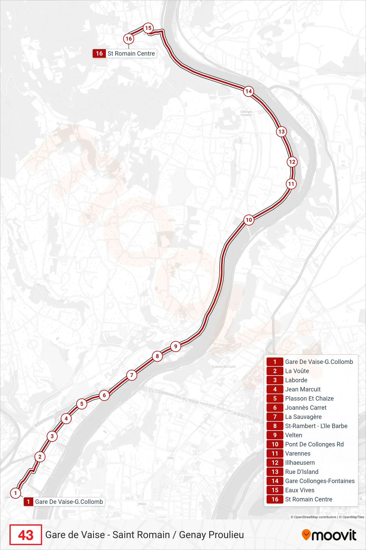 Tracé et arrêts de la ligne 43 de bus (St Romain Centre) sur une carte