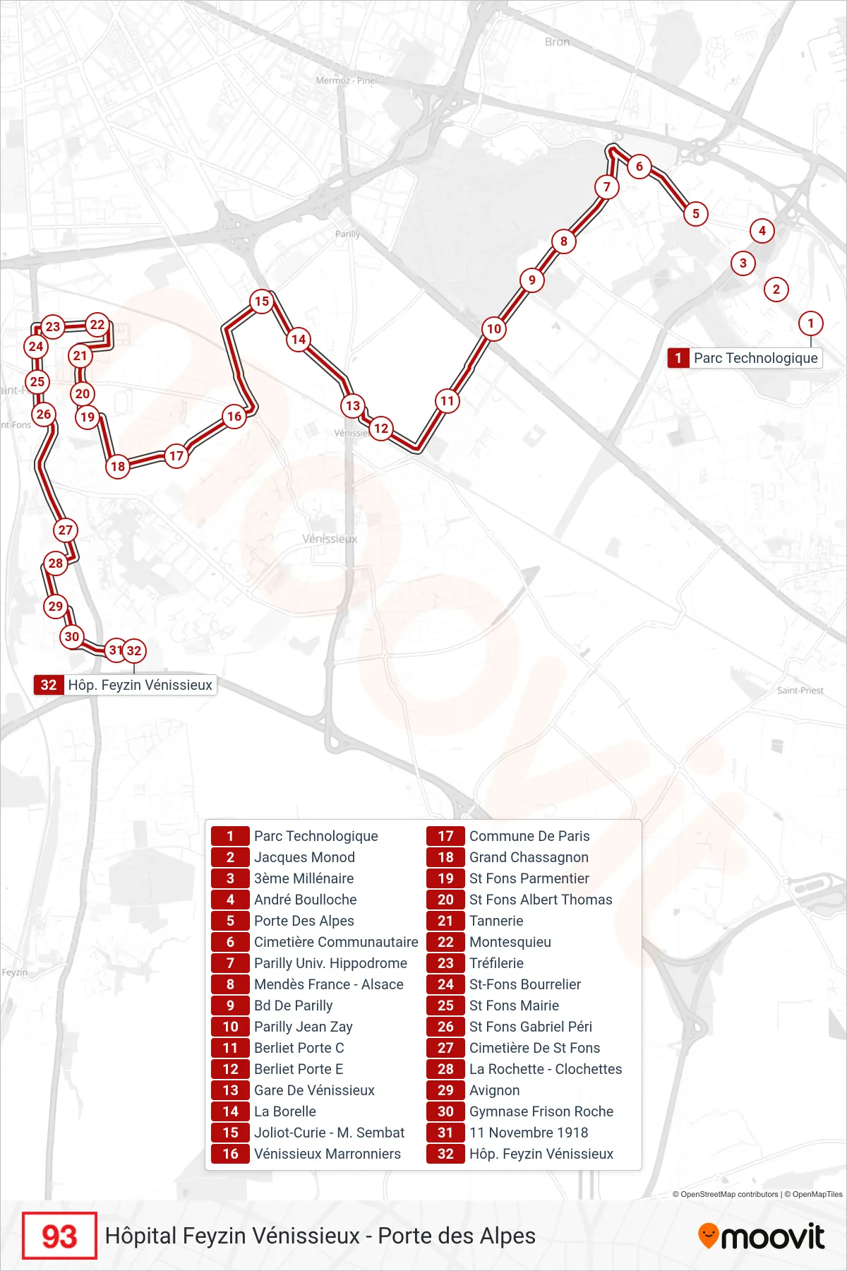 93 bus Line (Hôp. Feyzin Vénissieux) route and stops on a map