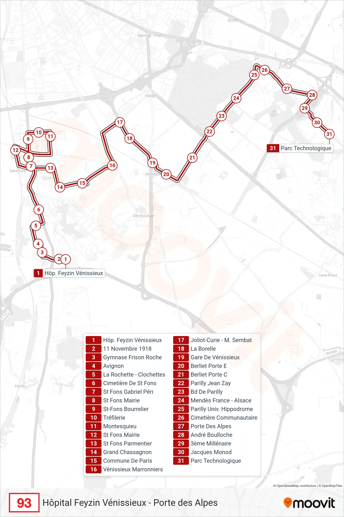 93 bus Line (Parc Technologique) route and stops on a map