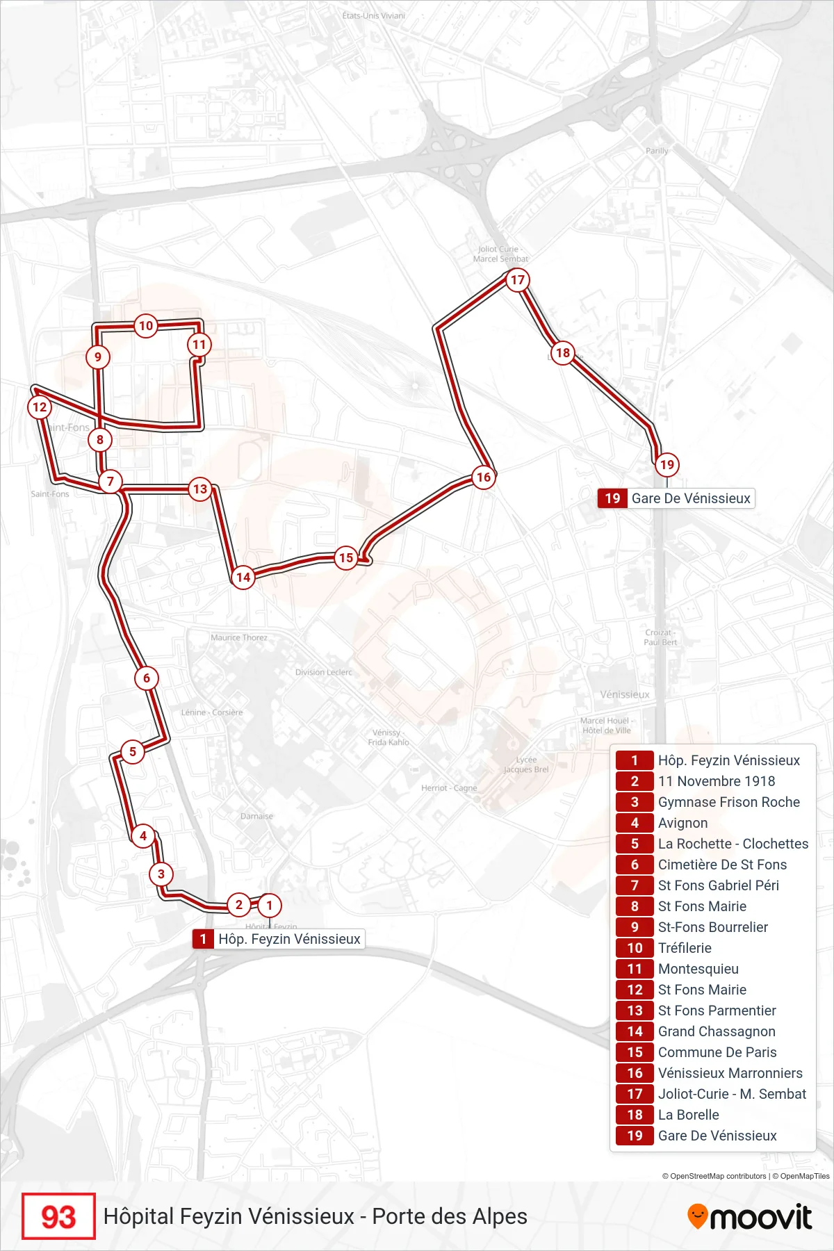 Tracé et arrêts de la ligne 93 de bus (Gare De Vénissieux) sur une carte