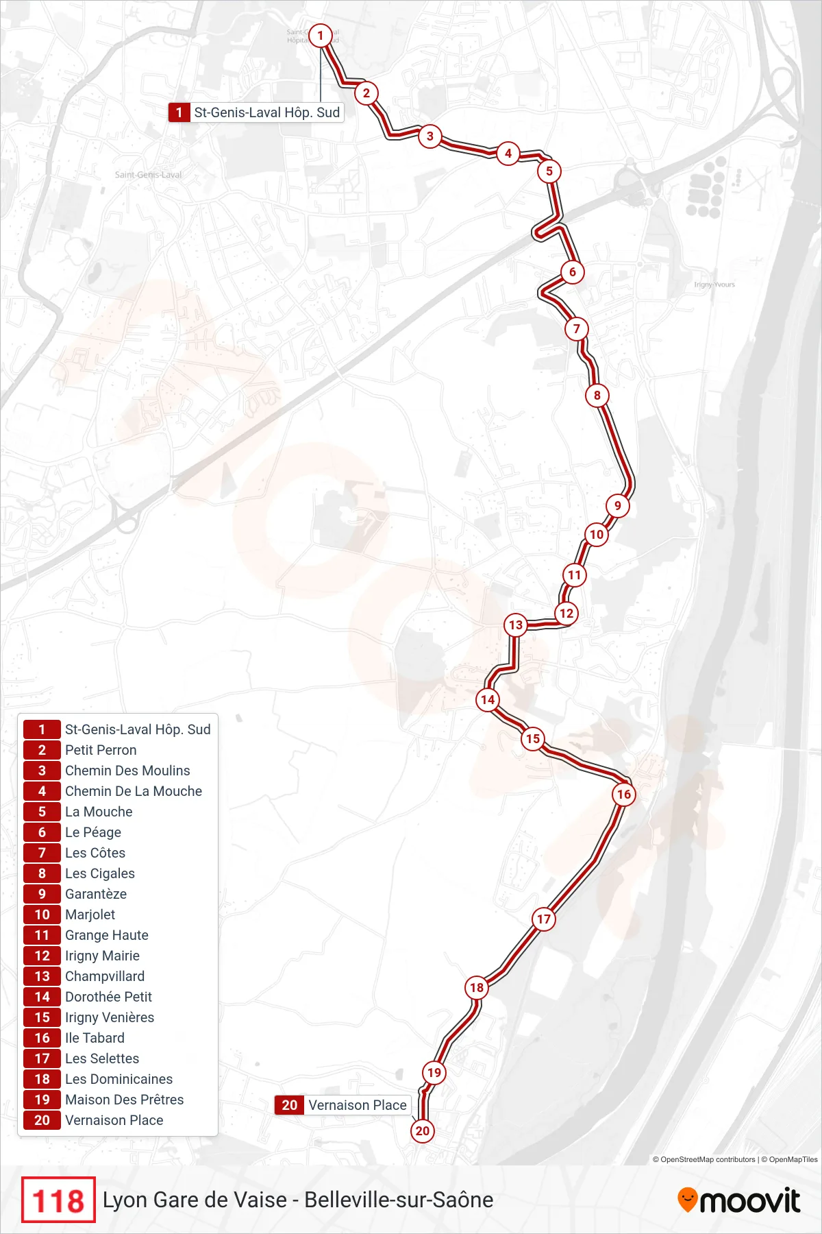 Tracé et arrêts de la ligne 118 de bus (Vernaison Place) sur une carte
