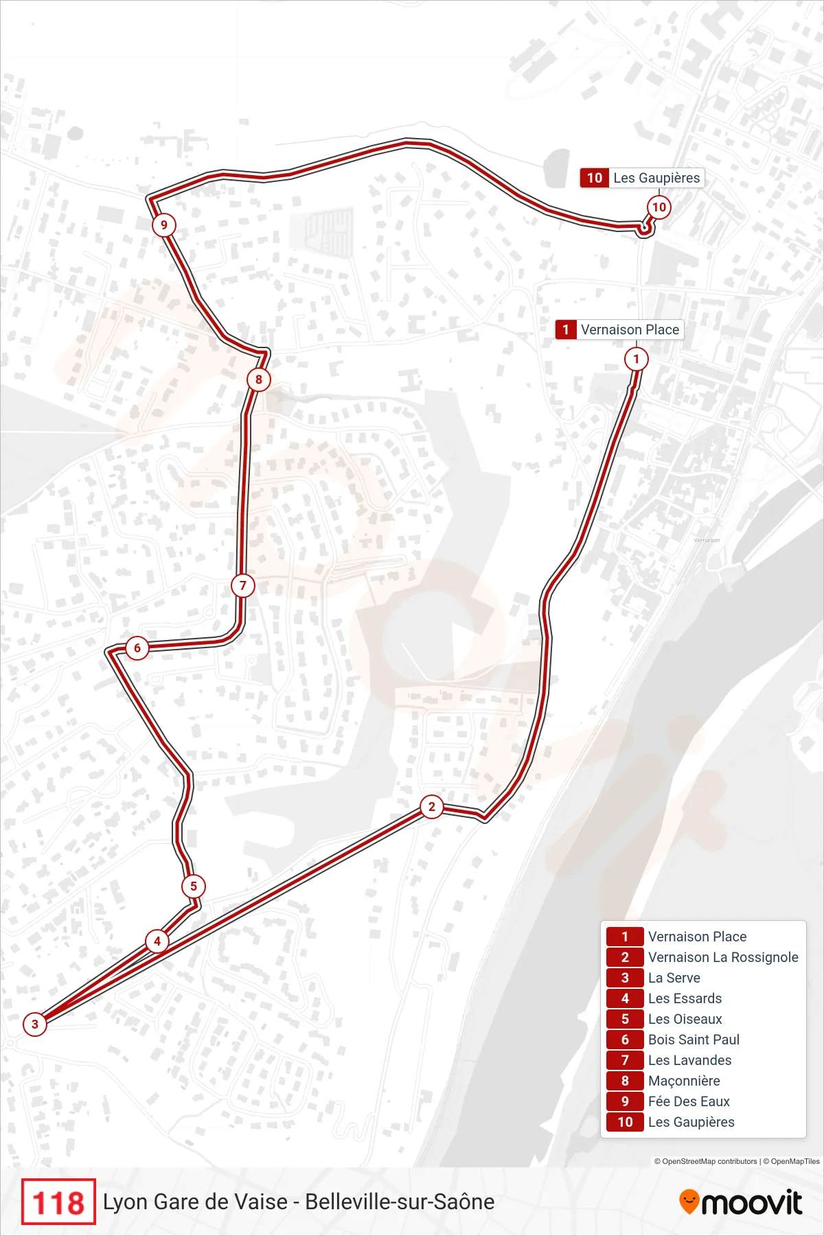 118 bus Line (Les Gaupières) route and stops on a map