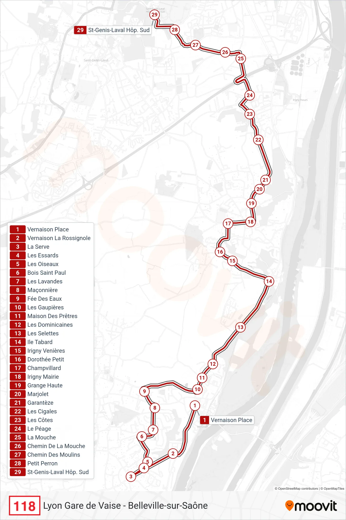 118 bus Line (St-Genis-Laval Hôp. Sud) route and stops on a map