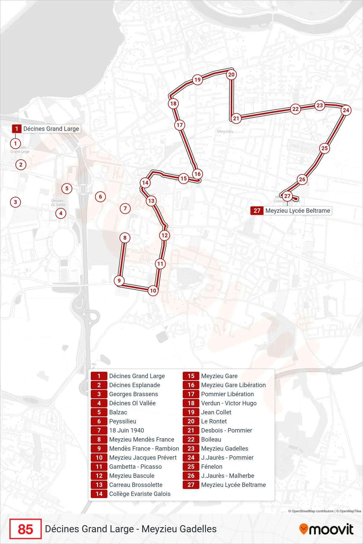 85 bus Line (Meyzieu Lycée Beltrame) route and stops on a map