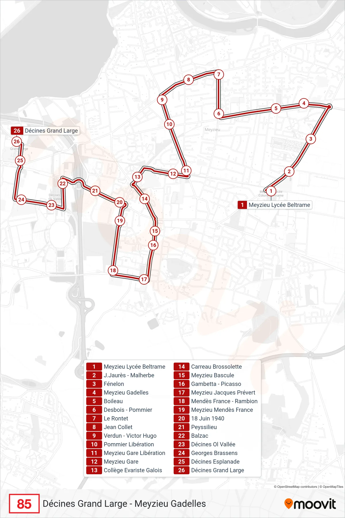 85 bus Line (Décines Grand Large) route and stops on a map
