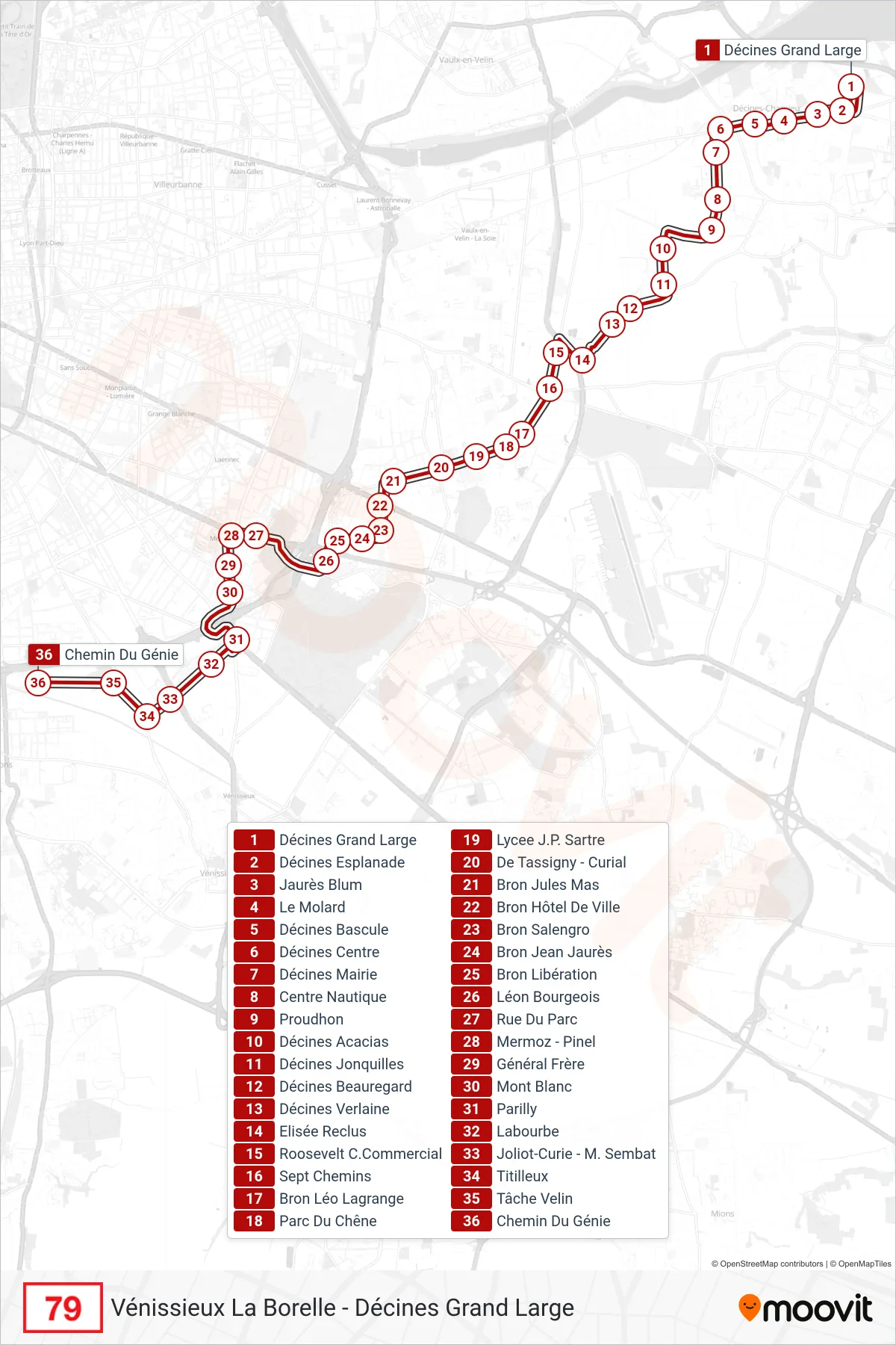 Tracé et arrêts de la ligne 79 de bus (Chemin Du Génie) sur une carte