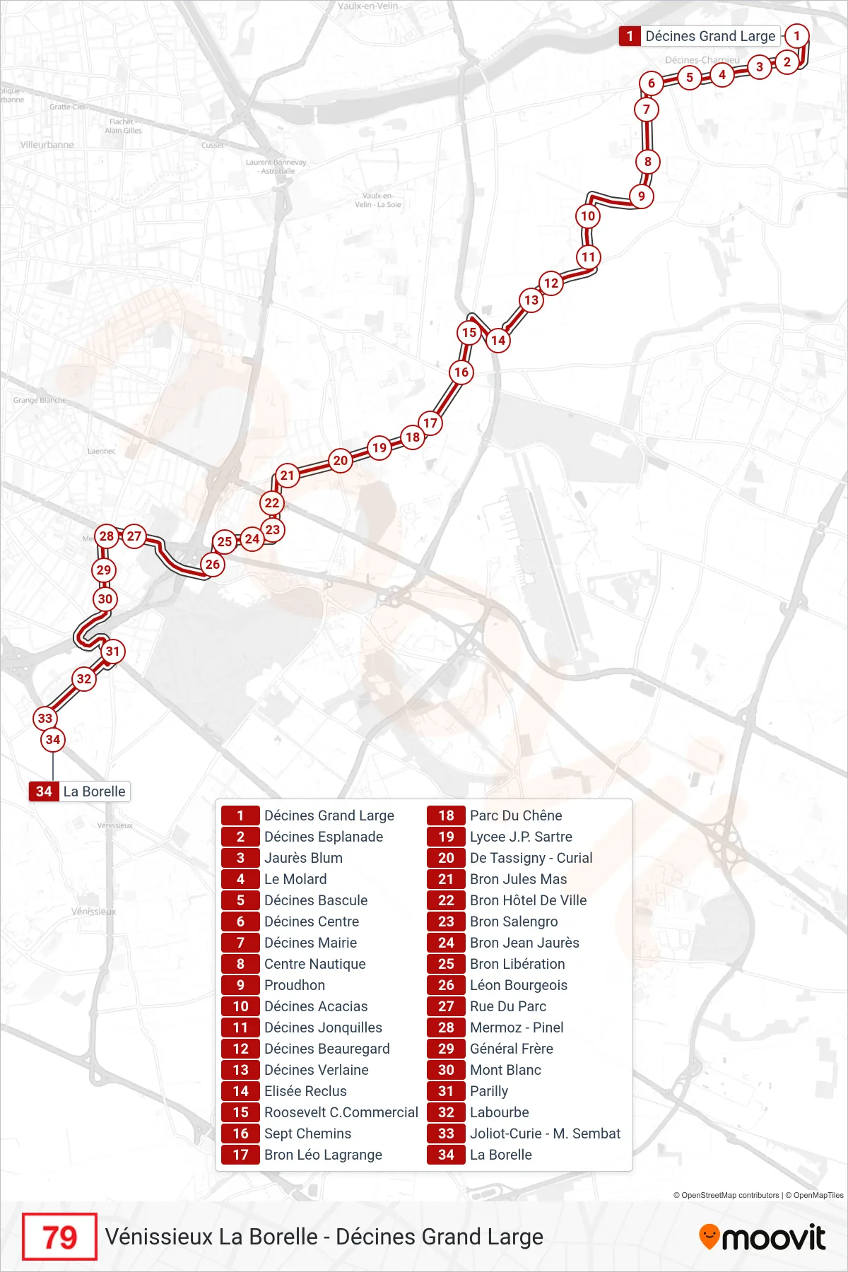 Tracé et arrêts de la ligne 79 de bus (La Borelle) sur une carte